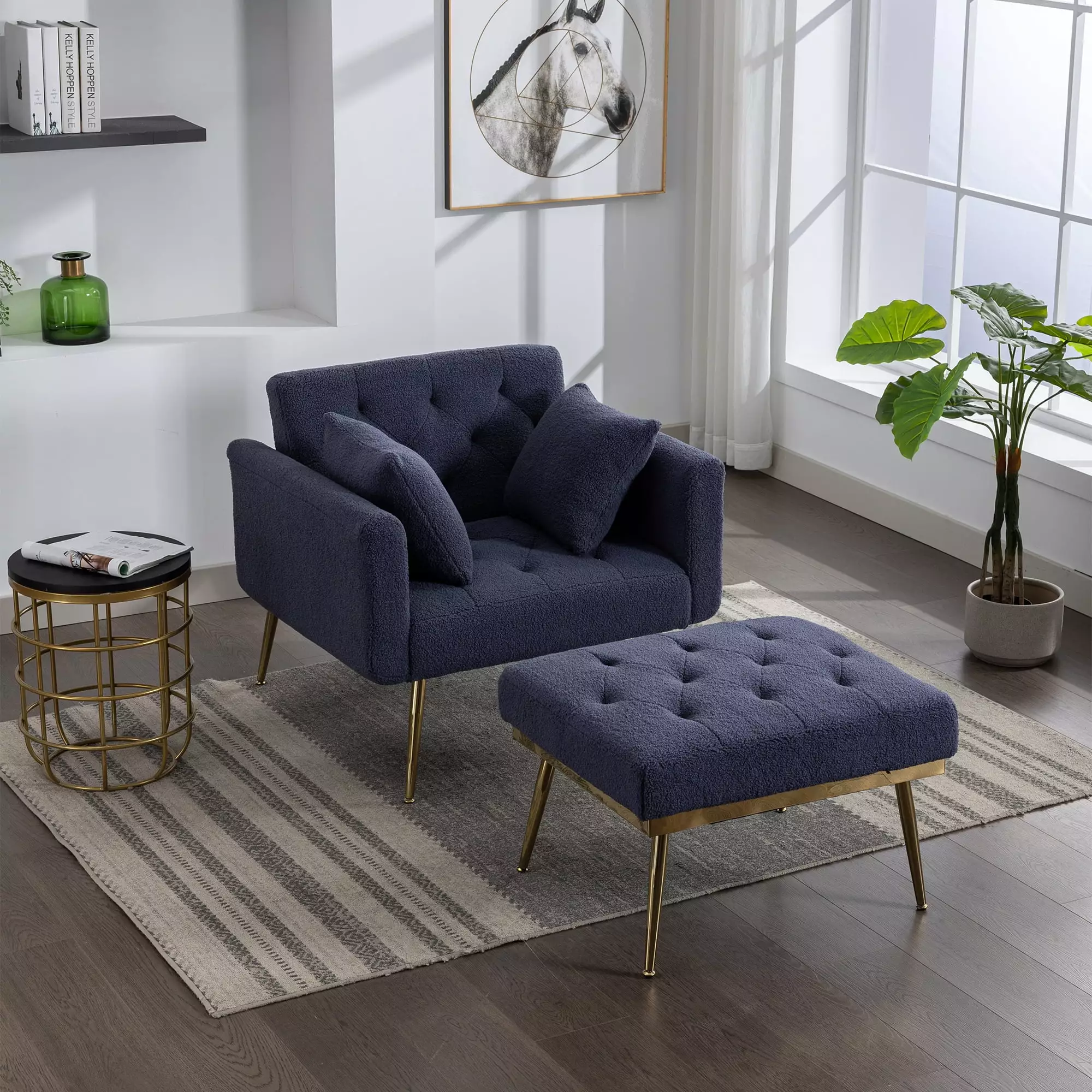 36.61'' Wide Modern Accent Chair 3 Positions Adjustable Backrest Tufted Chaise Lounge Chair Ottoman and Gold Legs Navy JUS...