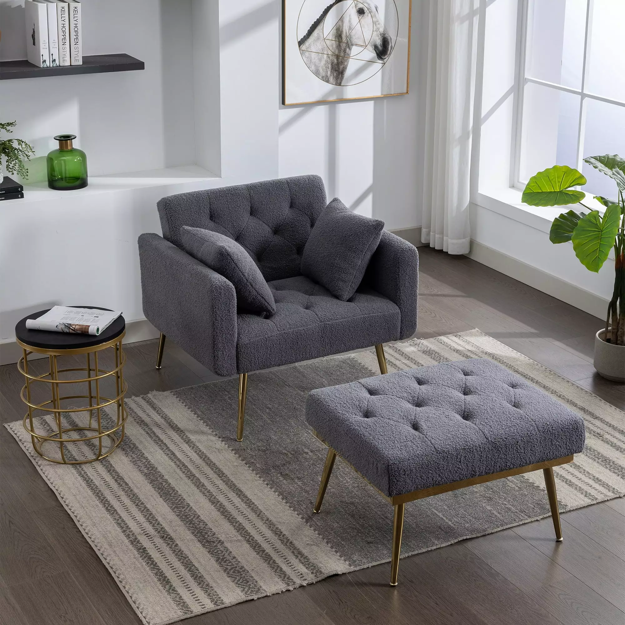 36.61'' Wide Modern Accent Chair 3 Positions Adjustable Backrest Tufted Chaise Lounge Chair Ottoman and Gold Legs Gray JUS...