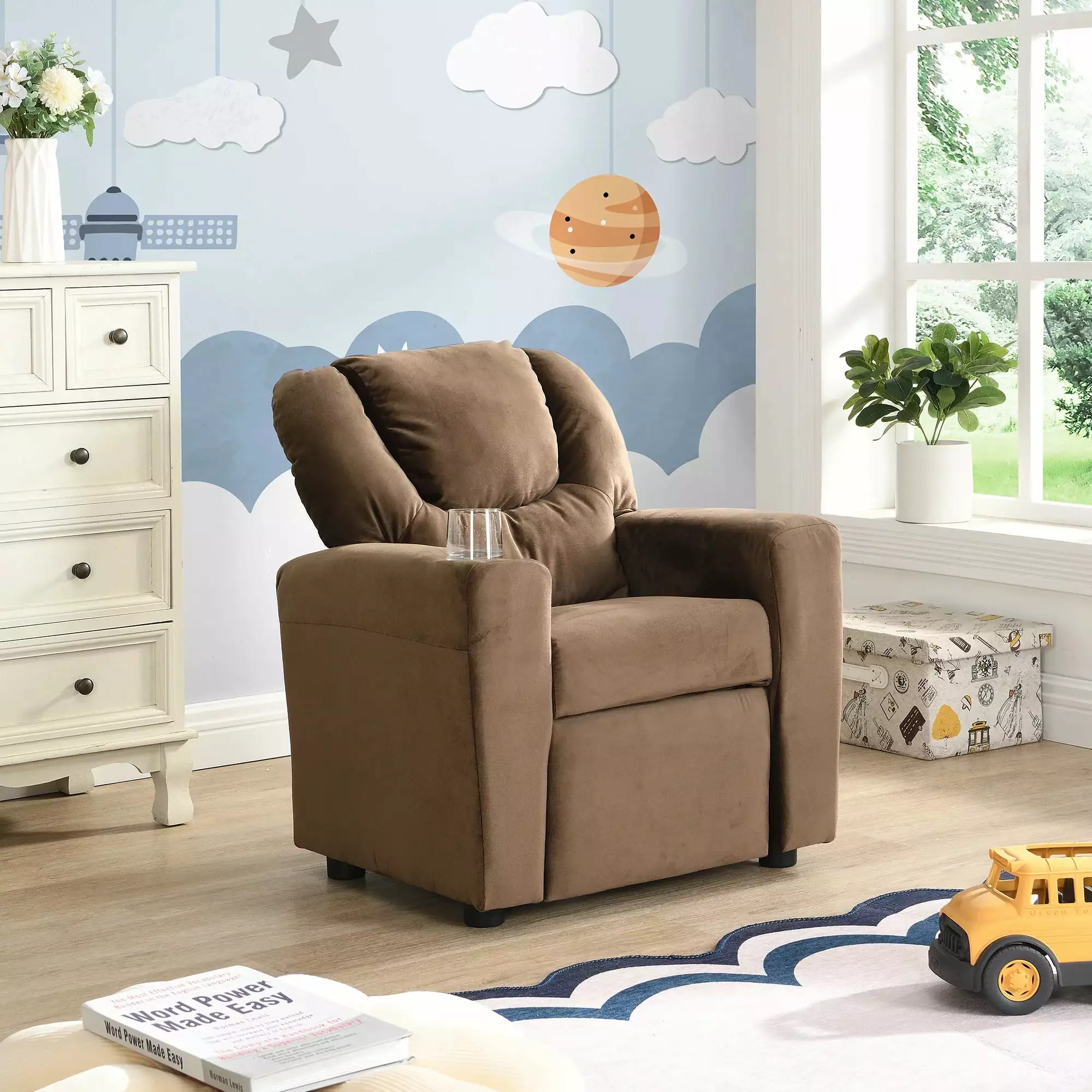 Kids Recliner Chair Cup Holder Footrest and Headrest Velvet Upholstered Toddler Couch