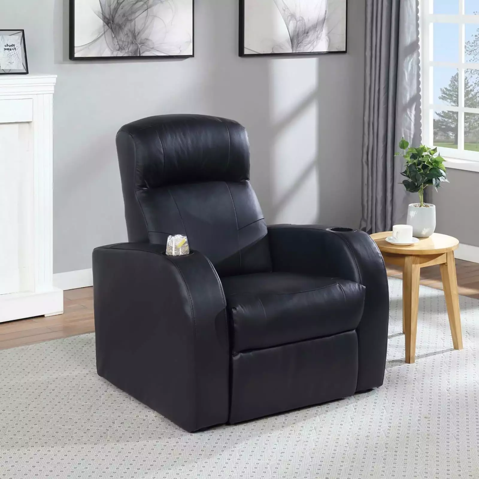 Miekor Furniture Black Upholstered Recliner Cup Holder Living Room Comfort