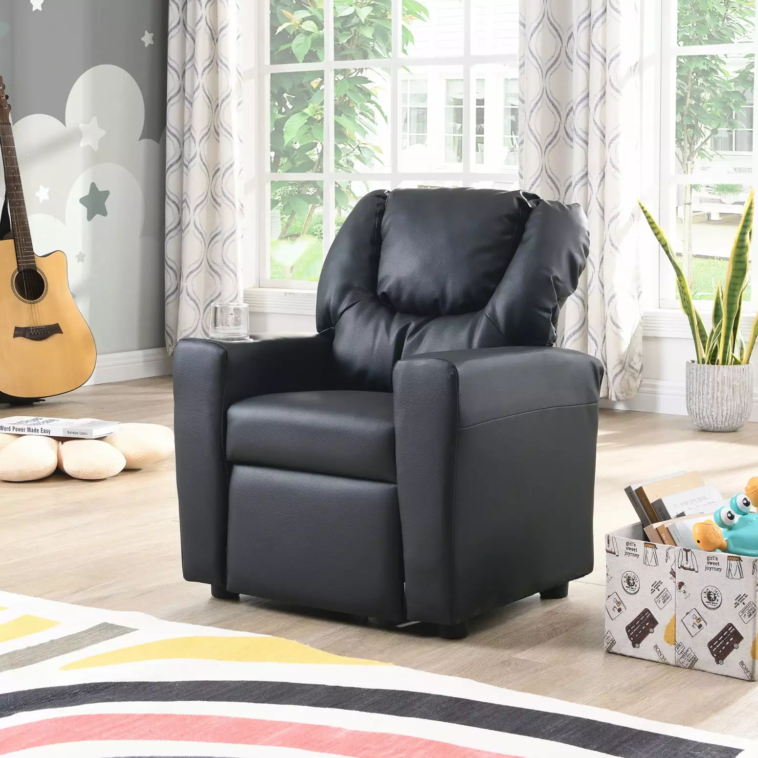 Kids Recliner Chair Black PVC - Ergonomic Toddler Chair Cup Holders Ponnky