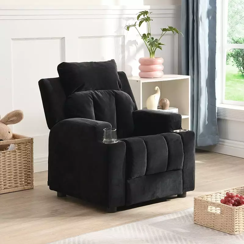 Kids Recliner Chair Upholstered Couch Cup Holders and Footrest Wobythan