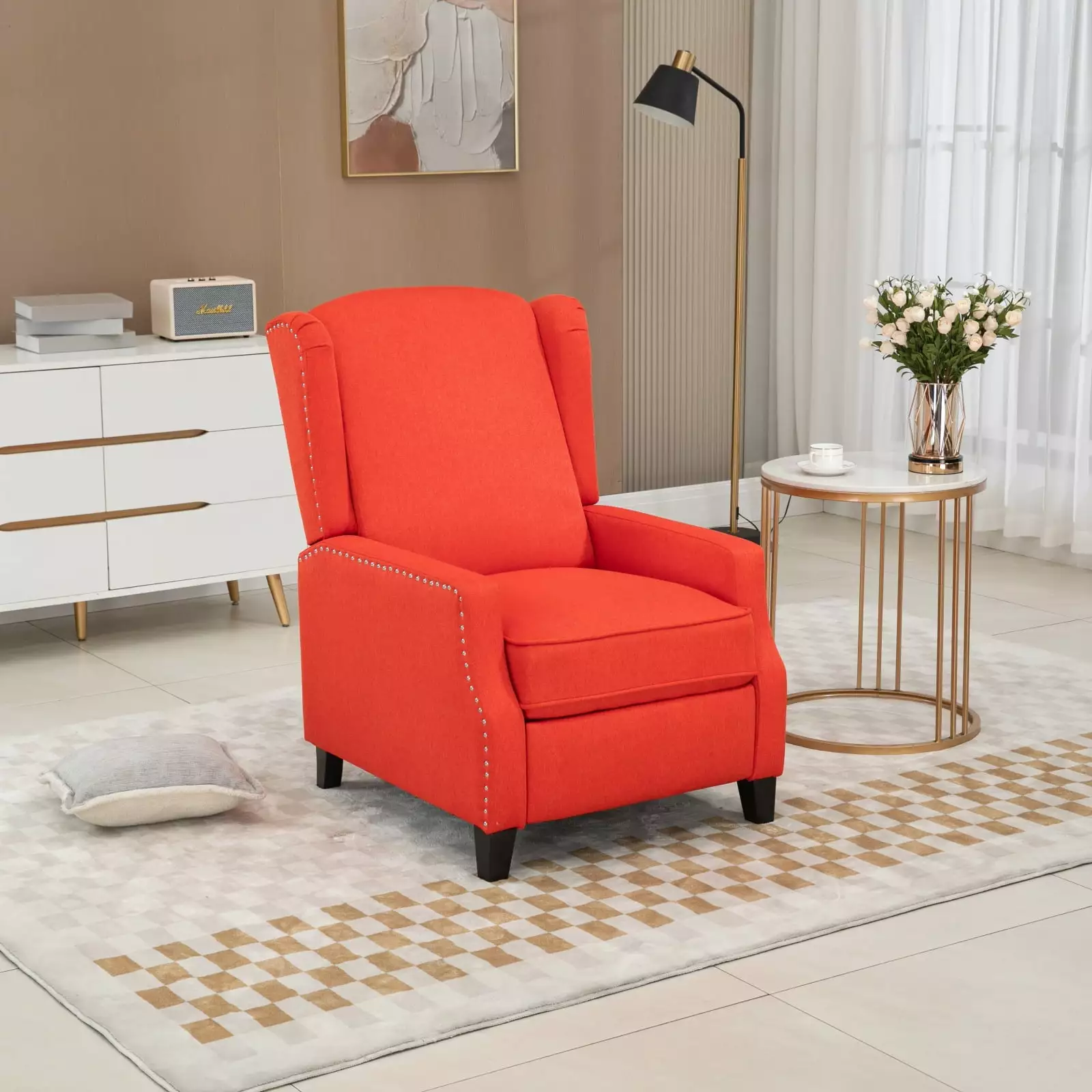 Stylish Red Velvet Accent Chair Contemporary Upholstered Recliner Ottoman Mid-Century Solid Wood Frame Wodine