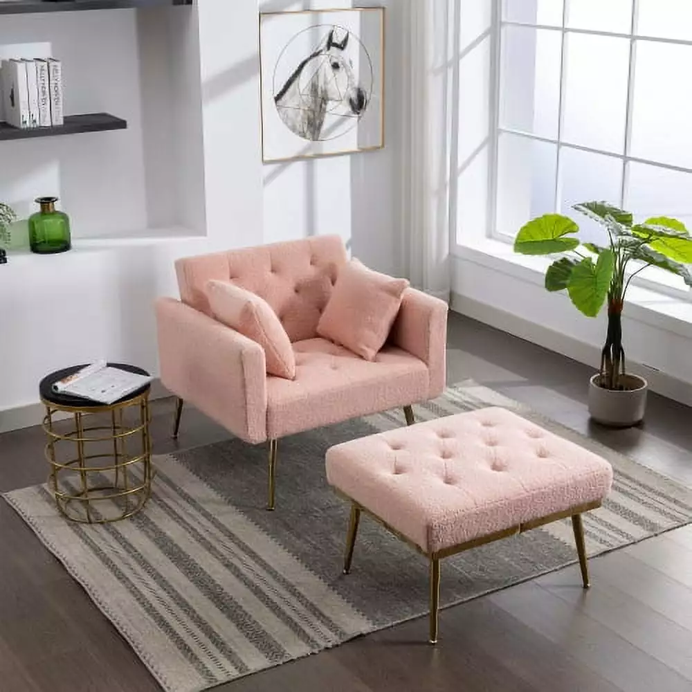 36.61'' Wide Modern Accent Chair Adjustable Backrest and Ottoman Pink Hypeshops