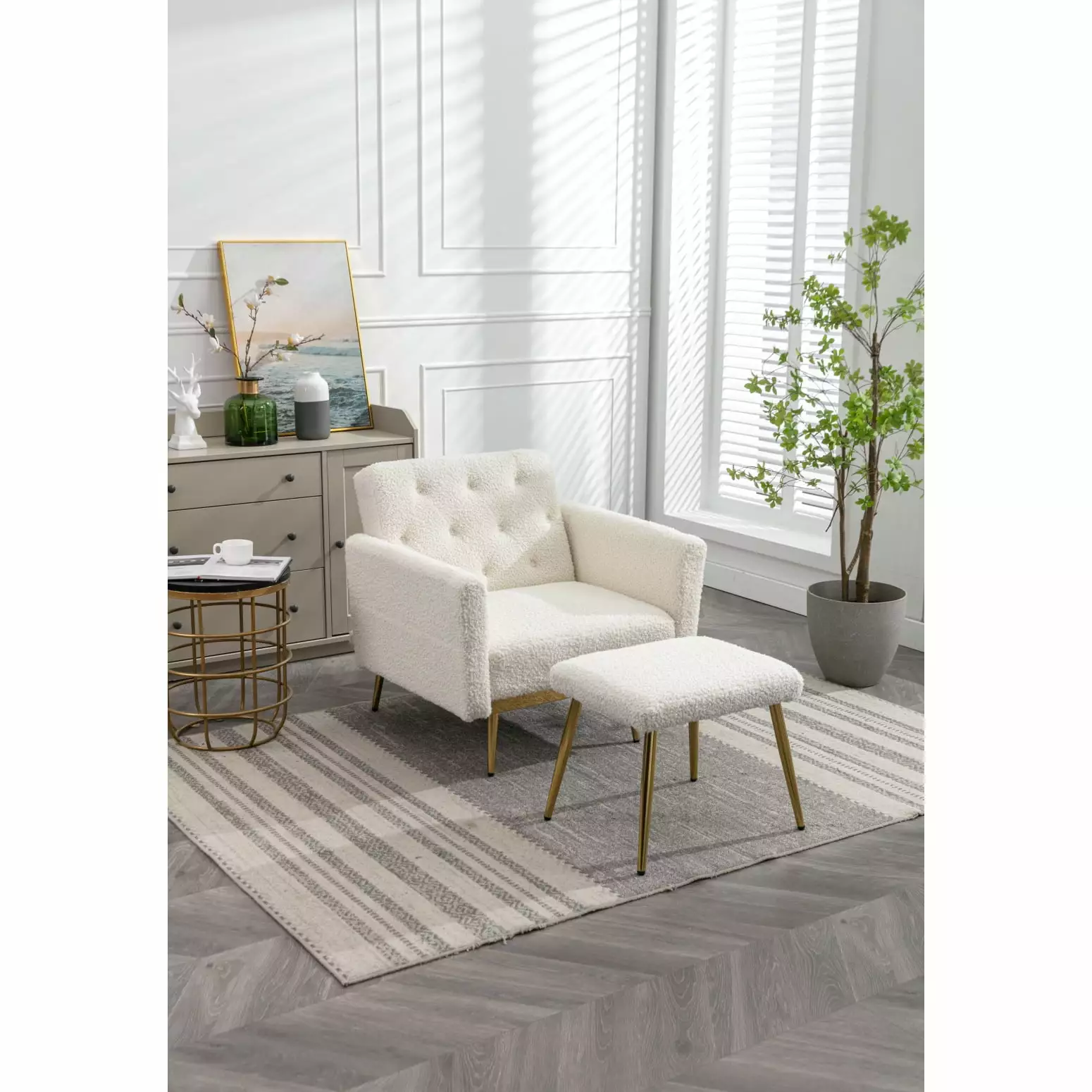 White Teddy Modern Velvet Accent Chair Adjustable Armrests Backrest Button Tufted Design Recliner Ottoman HATNOKIL