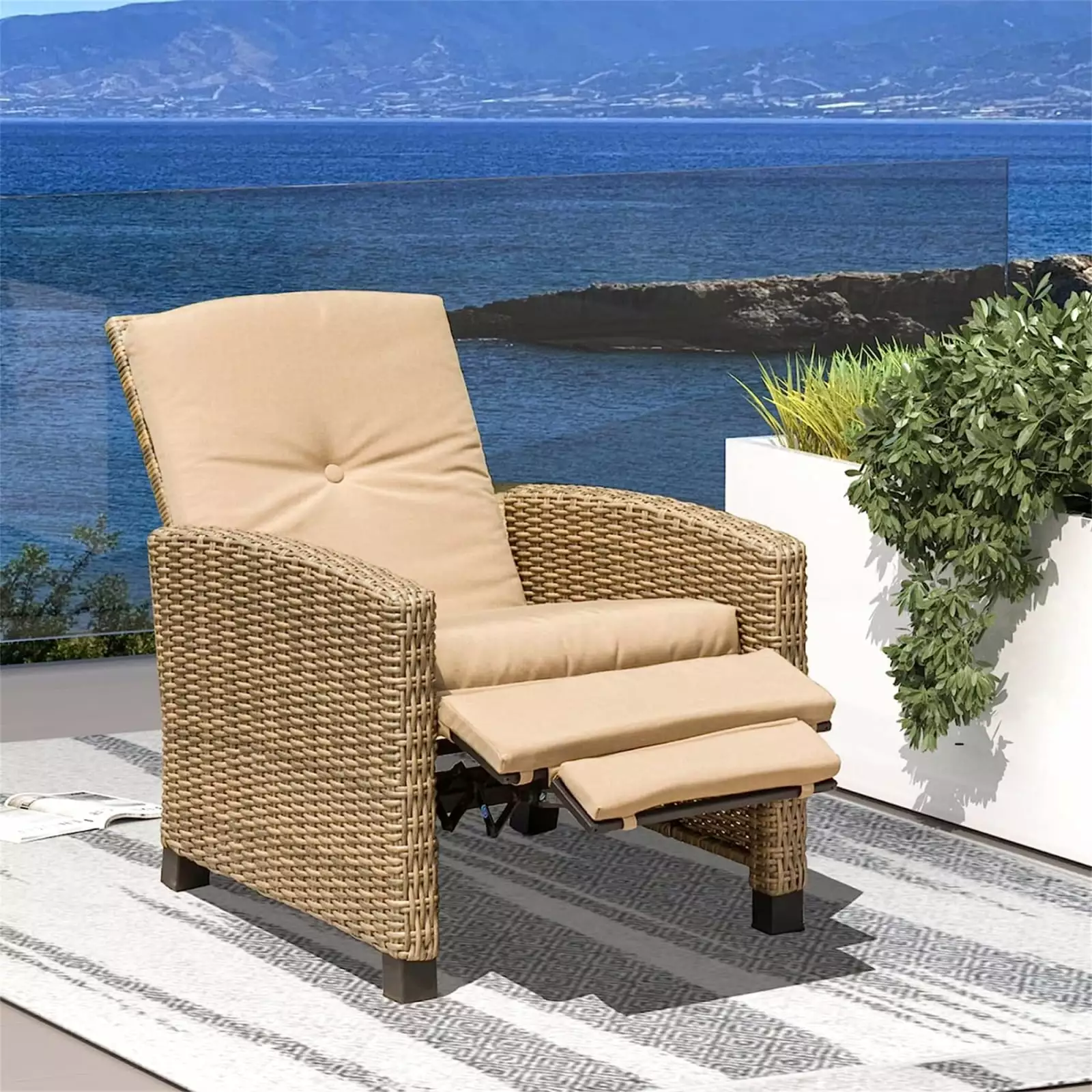 Indoor Outdoor Recliner All-Weather Wicker Reclining Patio Chair Khaki Cushion Miekor