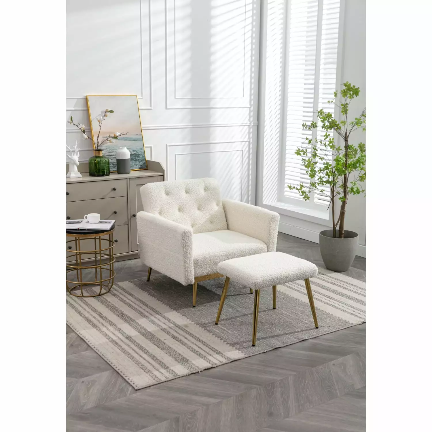 Modern Velvet Accent Chair White Teddy Adjustable Armrests Backrest Button Tufted Design Recliner Ottoman Ponnky