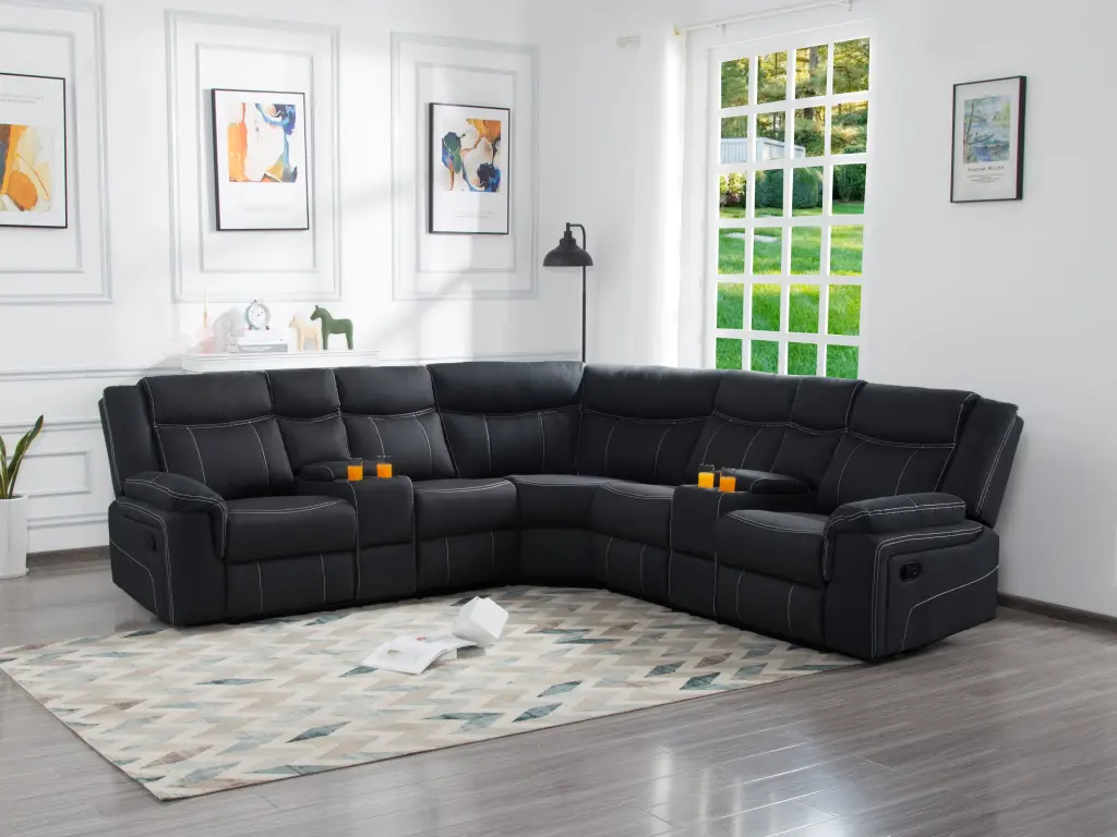 109.4 Inch Manual Reclining Sectional Sofa Black Polyester Blend relax lounge