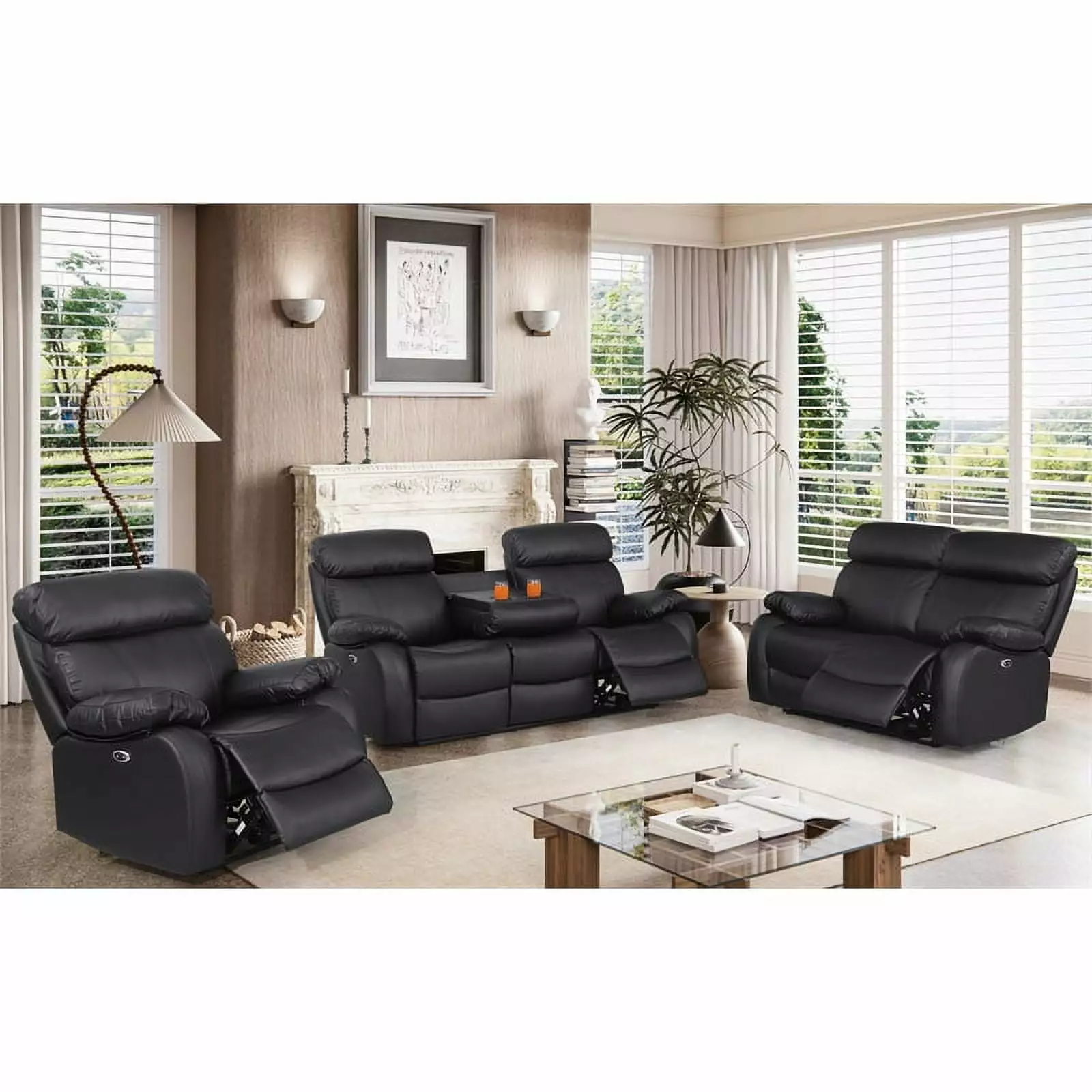 Alexent Power Recliner Sofa Set Leather Couch Cupholder and USB Ports Black