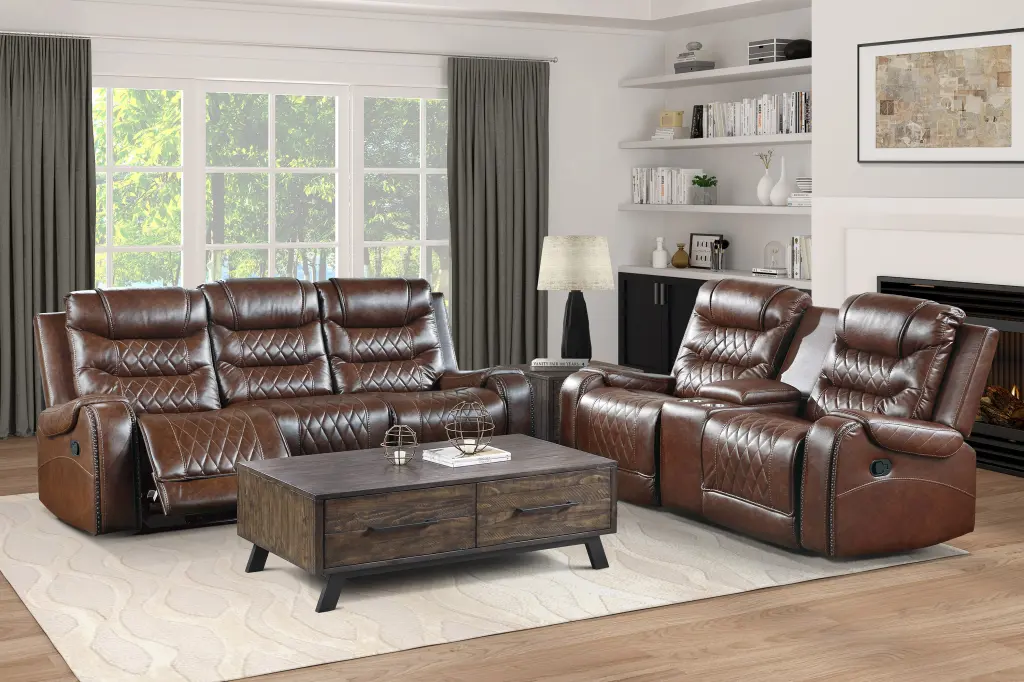 Opulent Living Room Furniture 2 Piece Reclining Sofa Set Brown Faux Leather kanepe