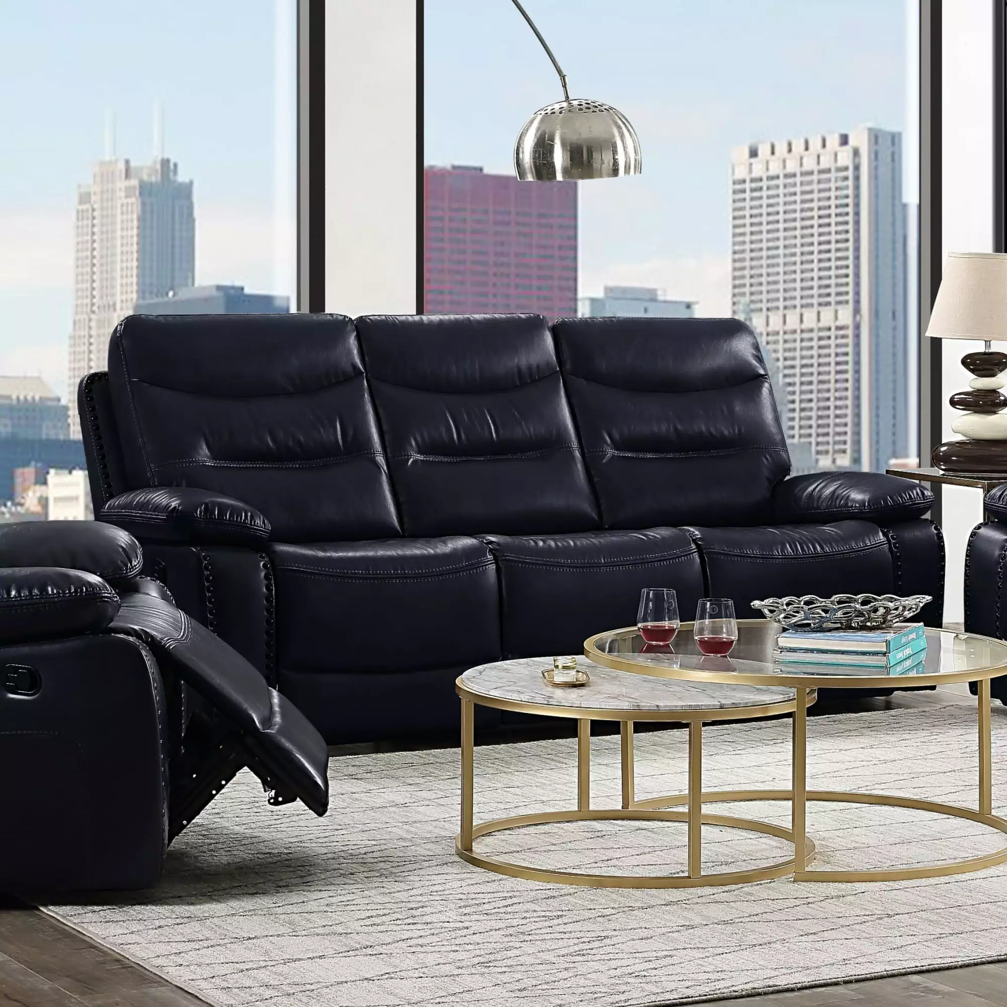 Miekor Furniture Aashi Motion Sofa Navy Leather-Gel Match Recliner