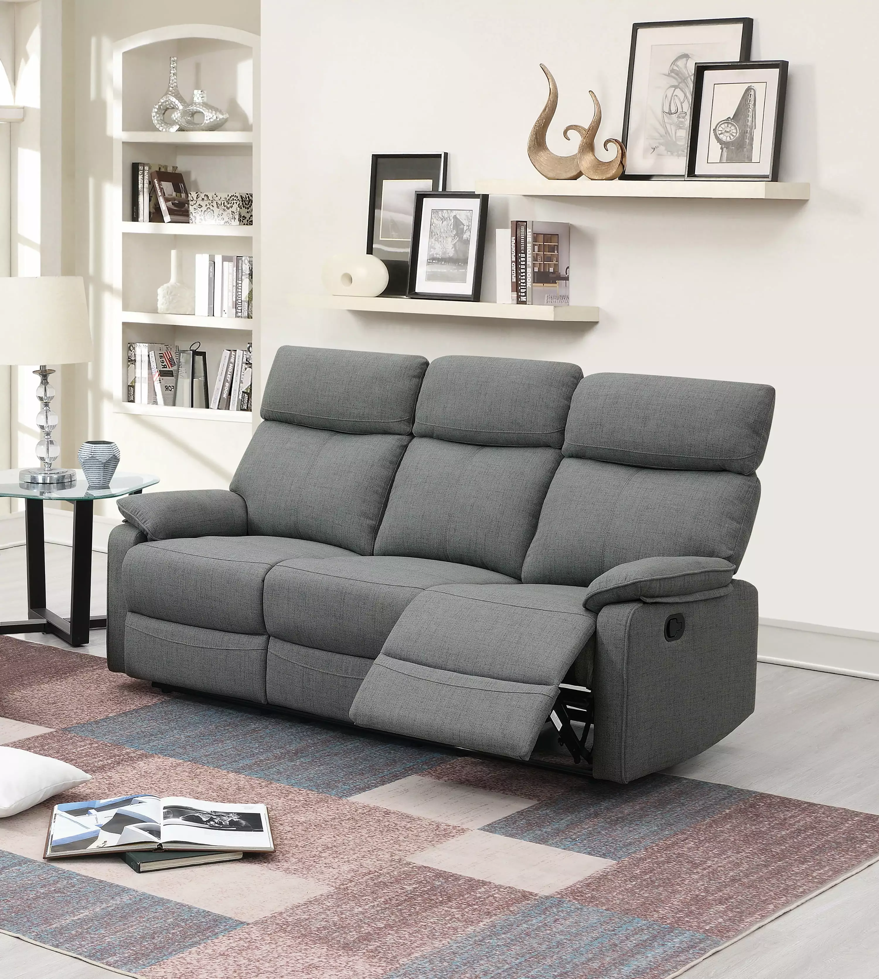 Poundex Manual Recliner 3 Seater Sofa Gray