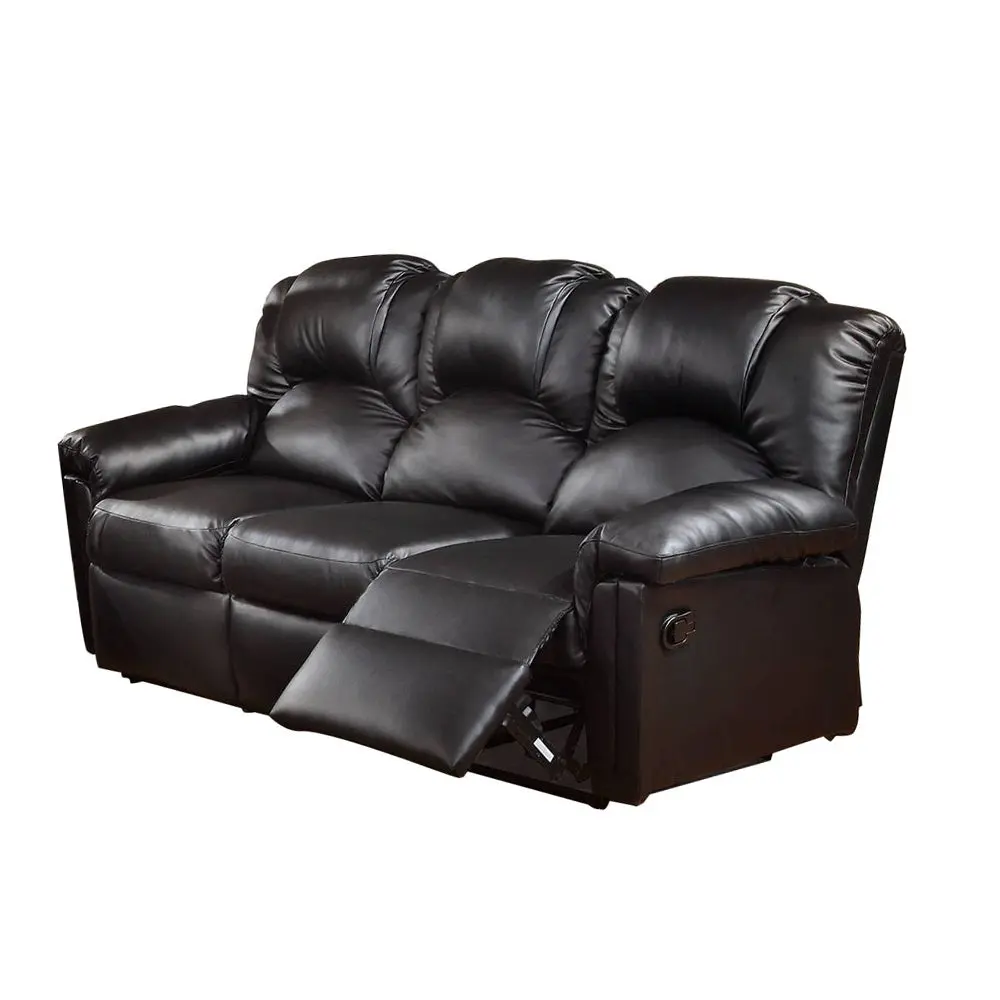 3-Seat Bonded Leather Manual Motion Reclining Sofa Black simple relax