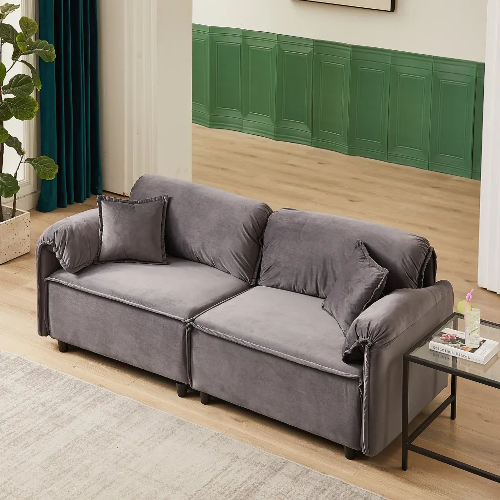 MH 79 Inch Velvet Upholstered Recliner Sofa Pillows Living Room w1193