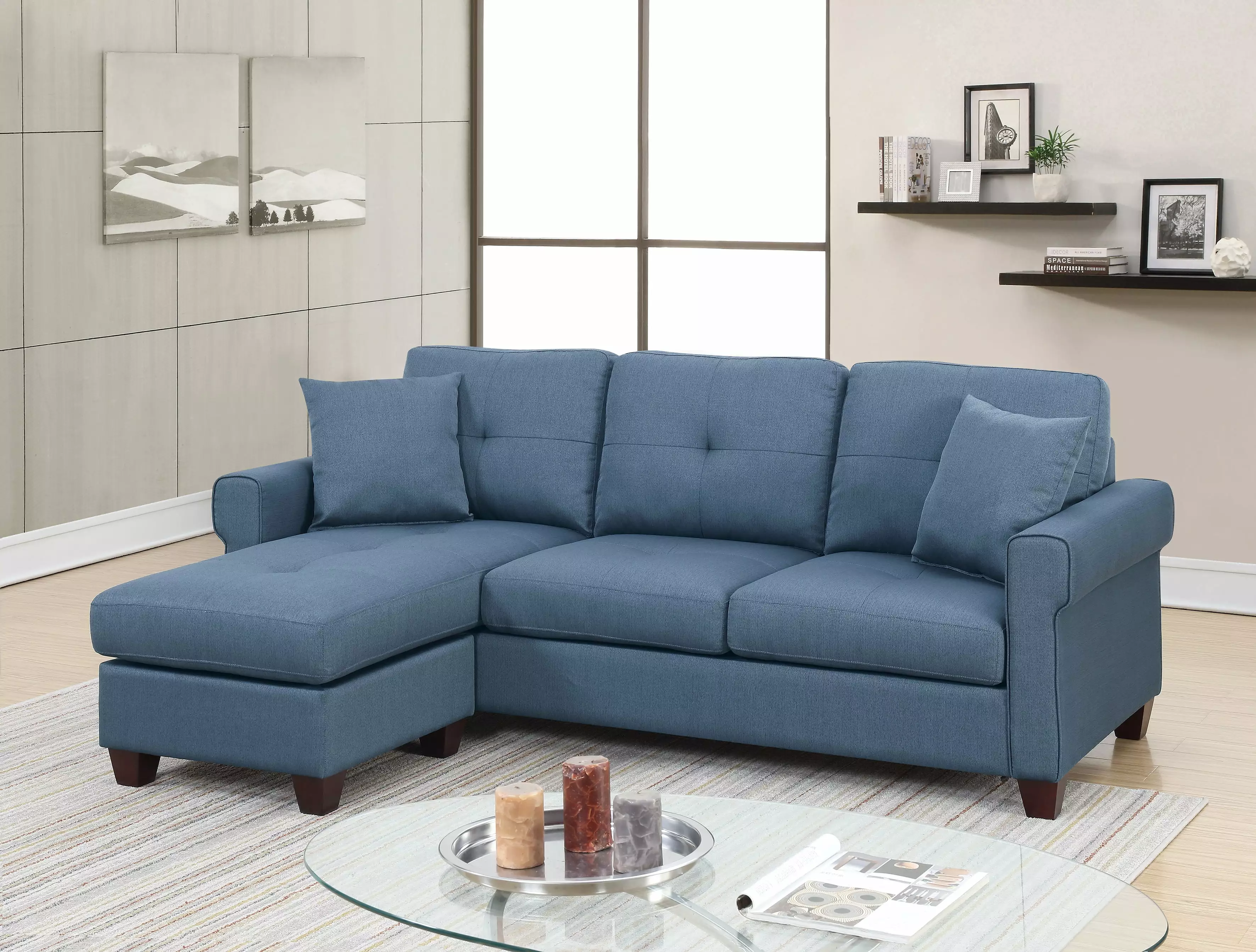 Modern Reversible Sectional Blue Glossy Polyfiber Classic Tufted Couch Sofa Chaise Pillows Living Room Furniture Esofastore