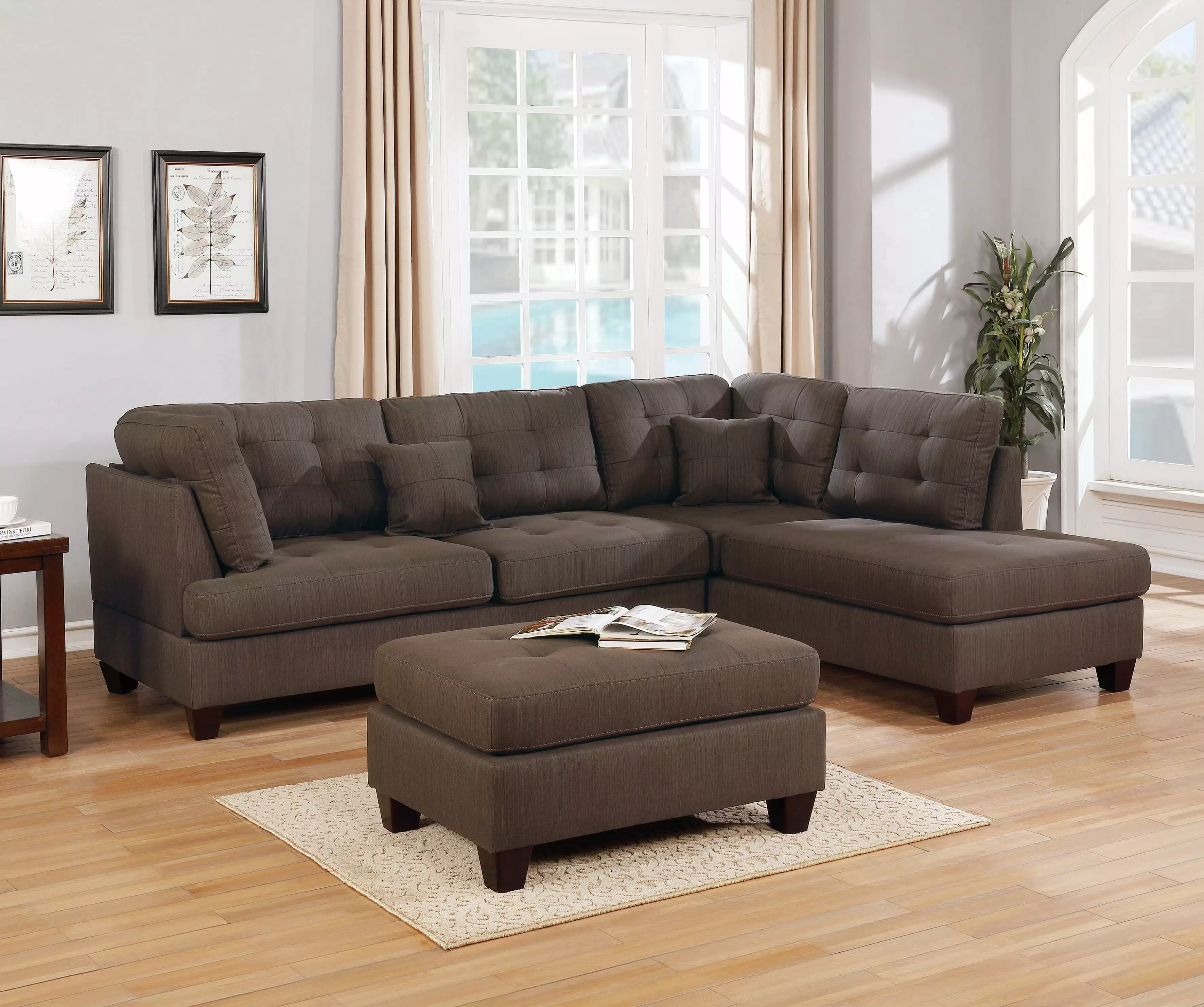 Transitional Modern Black Coffee Polyfiber Reversible Sectional Sofa Ottoman Esofastore