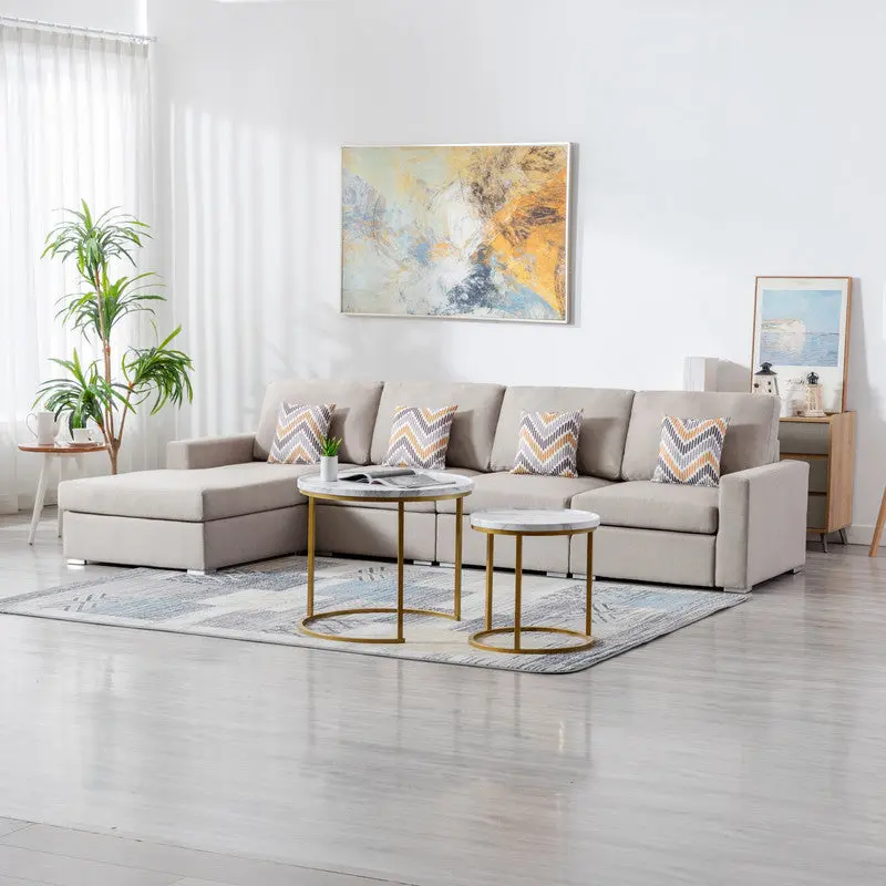 Nolan 124 Inch Beige Linen Fabric 4 Piece Reversible Sectional Sofa Chaise lilola home