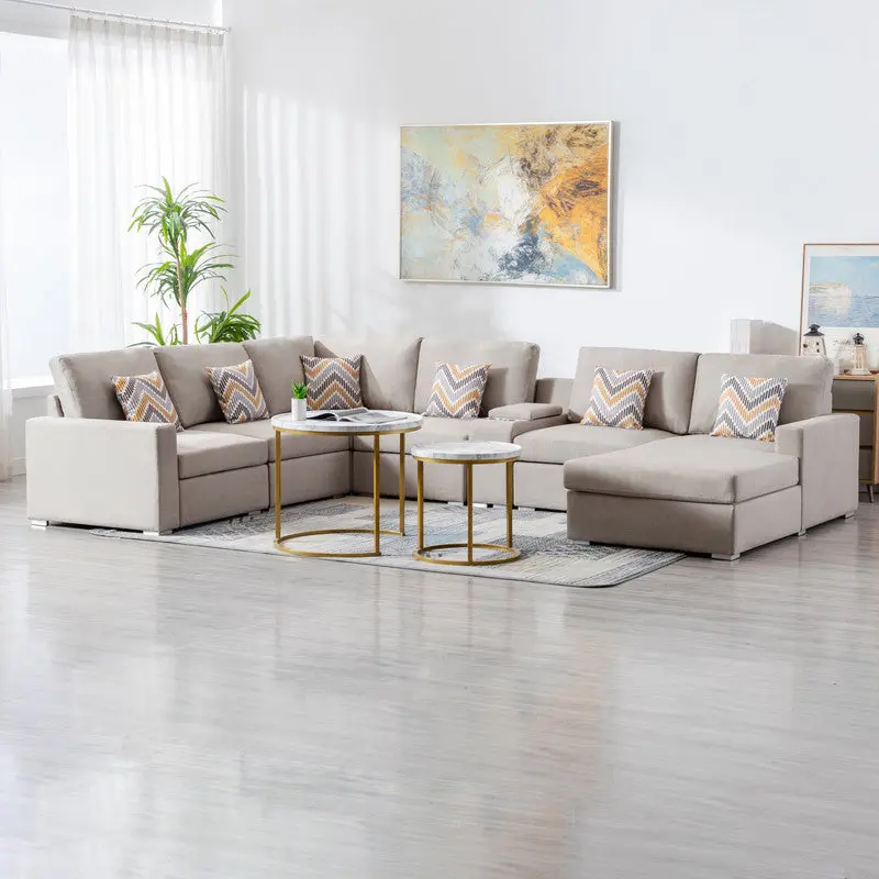 Nolan 135 Inch Beige Linen Fabric 7 Piece Reversible Chaise Sectional Sofa lilola home