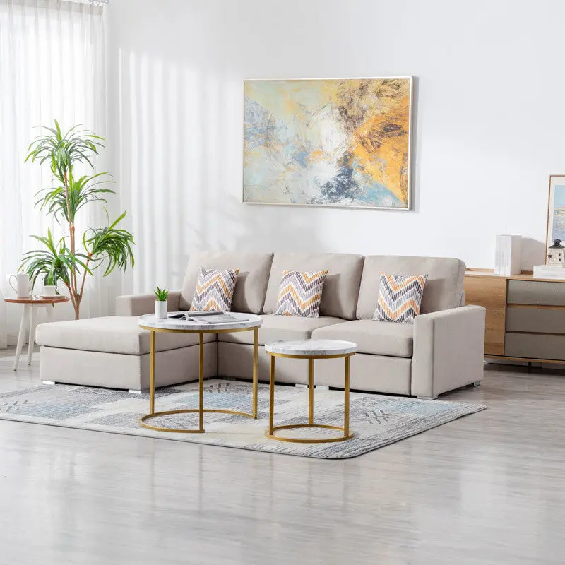 Nolan 95.5 Inch Beige Linen Fabric 3 Piece Reversible Sectional Sofa Chaise Ottoman lilola home