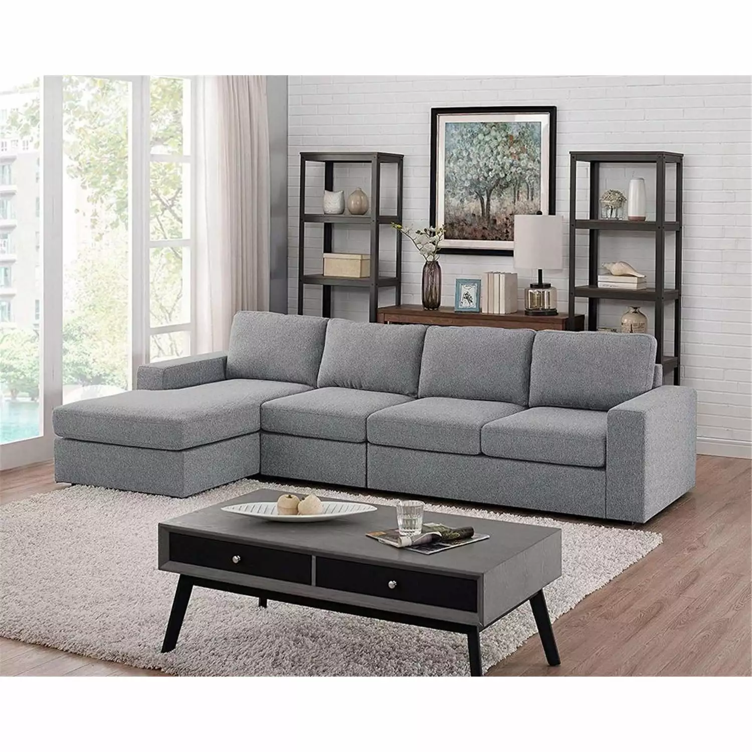 Maykoosh Natural Beauty Light Gray Linen Reversible Modular Sectional Sofa Chaise