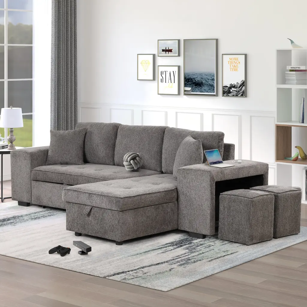 104.5 Inch Modern L Influence 3 Seat Reversible Sectional Couch Pull Out Sleeper Sofa rnb