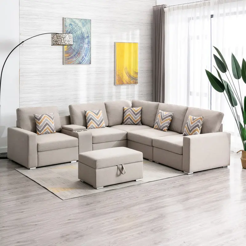 Nolan 106 Inch Beige Linen Fabric 7 Piece Reversible Sectional Sofa lilola home
