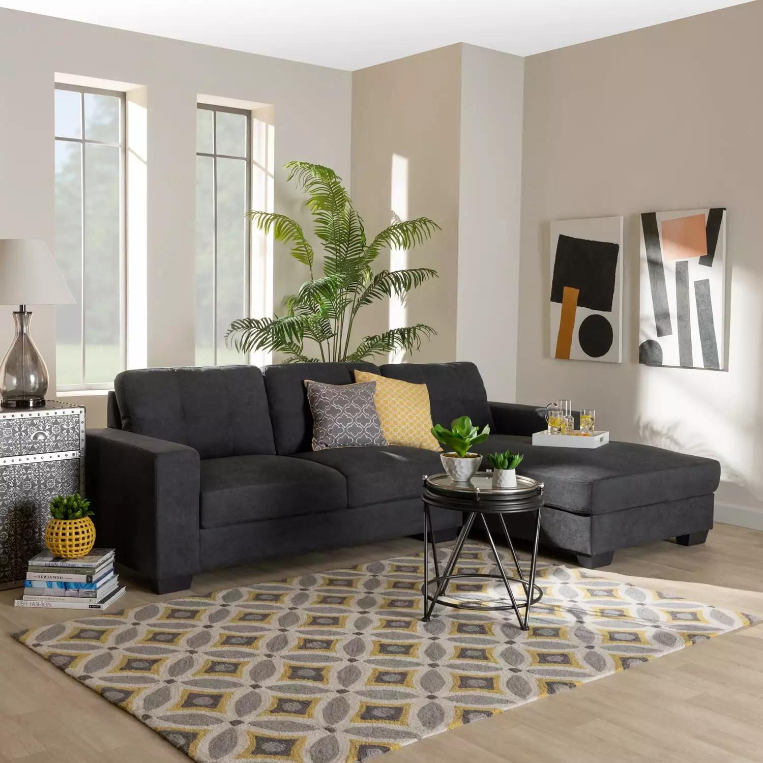 Baxton Studio Langley Dark Grey Sectional Sofa Right Facing Chaise Living Room
