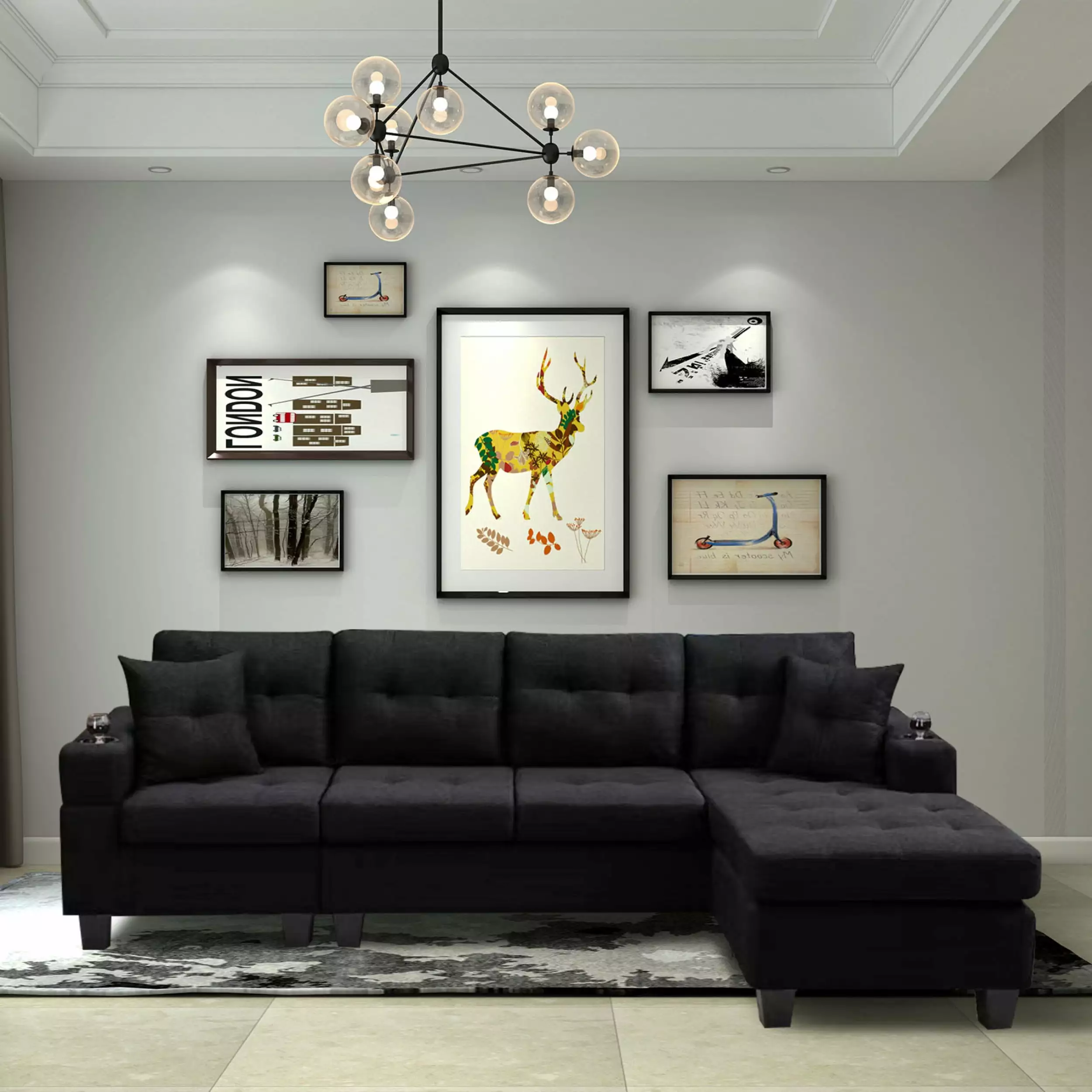 Black Right Facing Sectional Sofa Footrest and Convertible Chaise Miekor