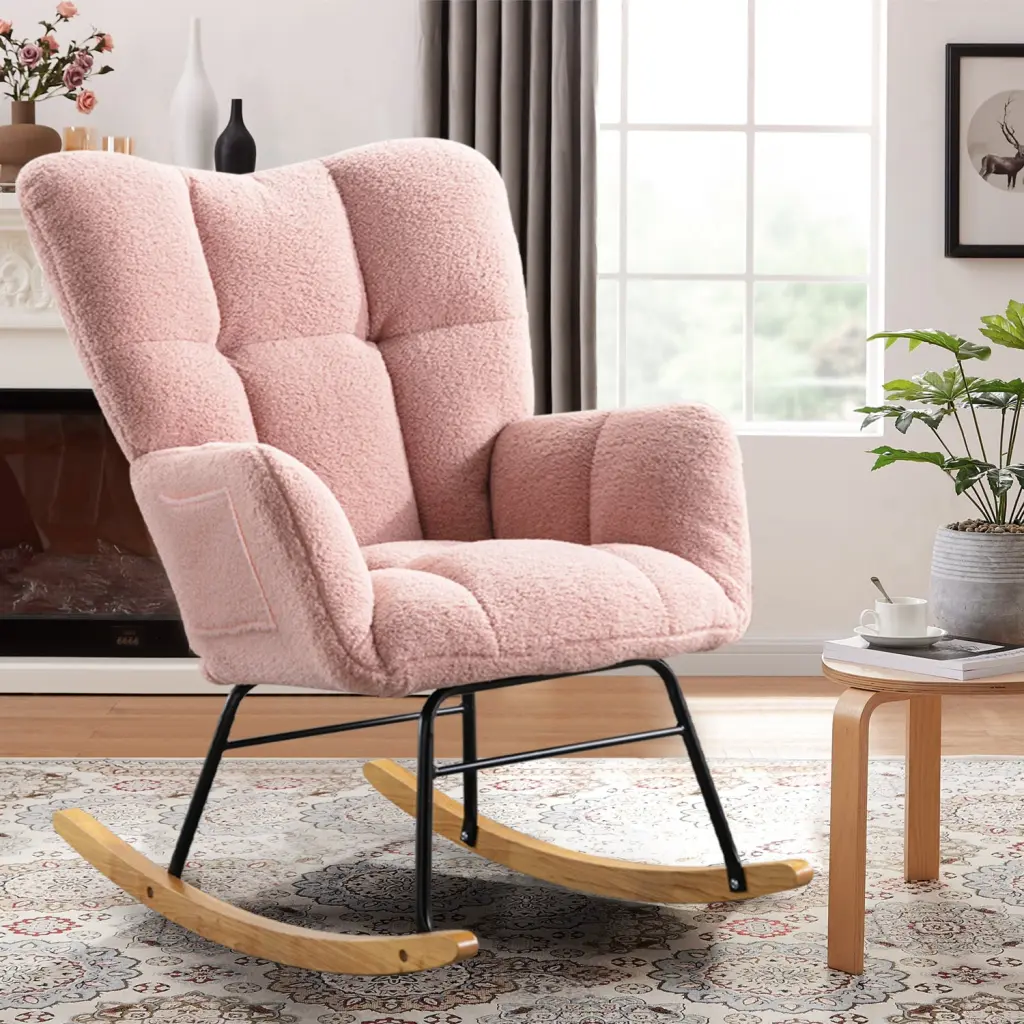 Teddy Fabric Rocking Chair High Back and Upholstered Rocker Armchair rnb