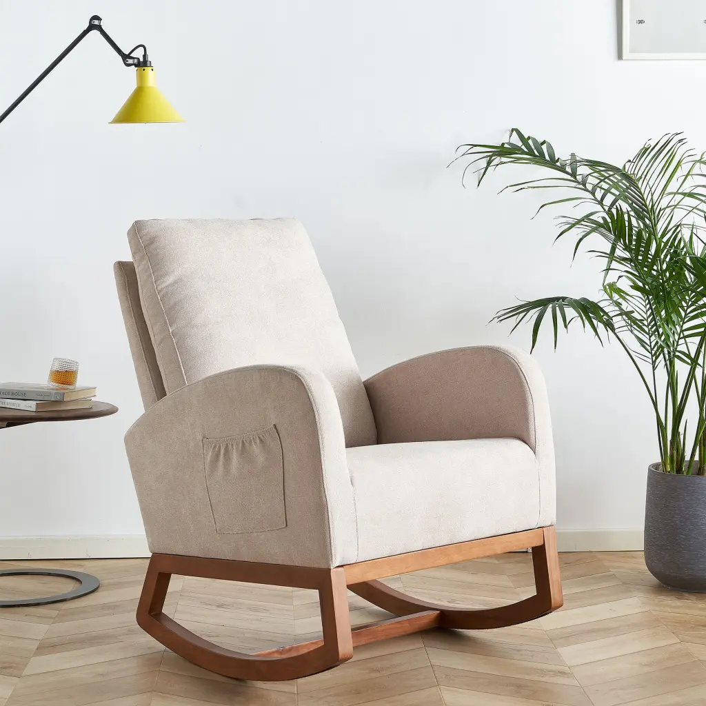 27.56 Inch Wide Linen Rocking Chair Accent Chair Beige Upholstered Living Room Chair wq furniture