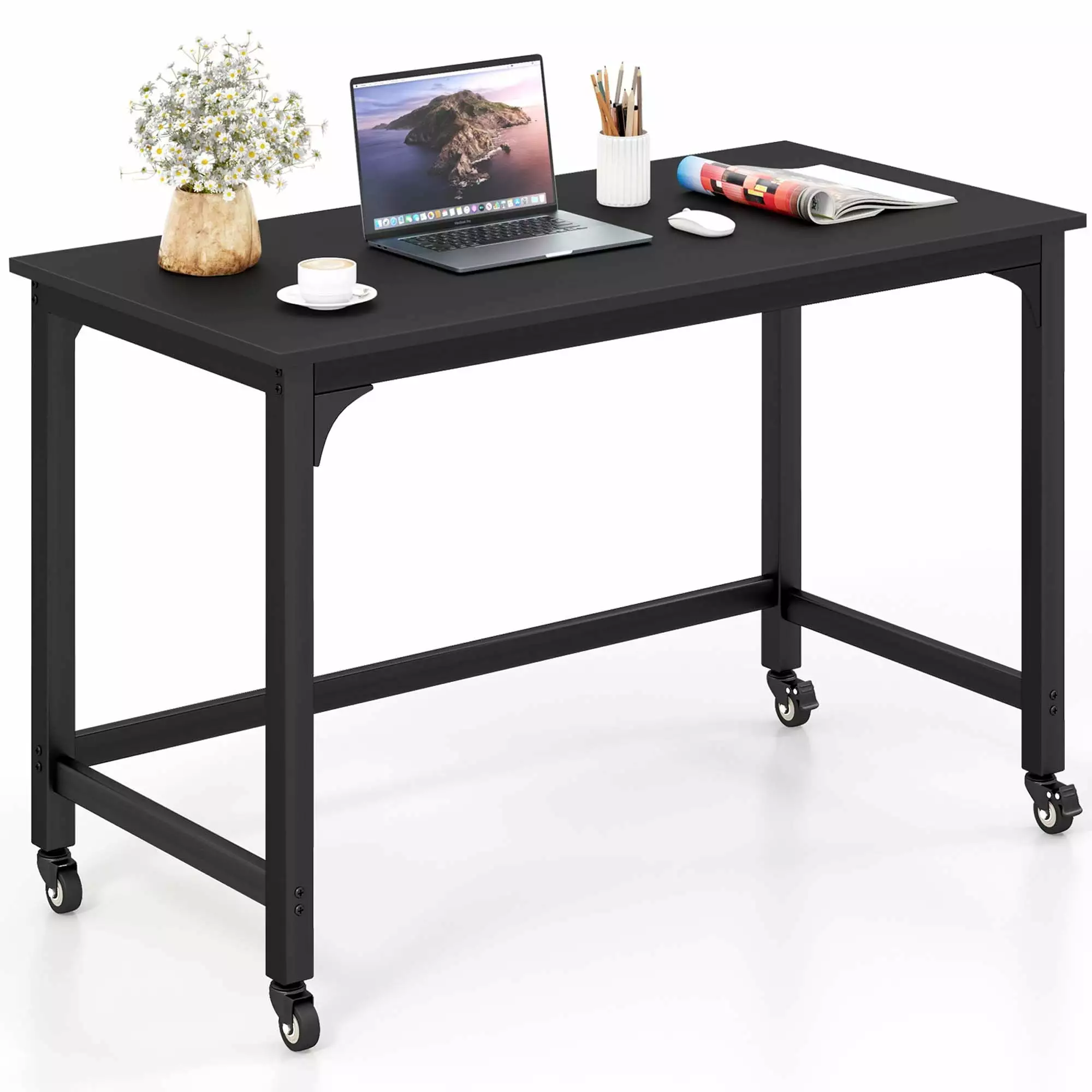 Costway Rolling Computer Desk Wood Top and Metal Frame Black