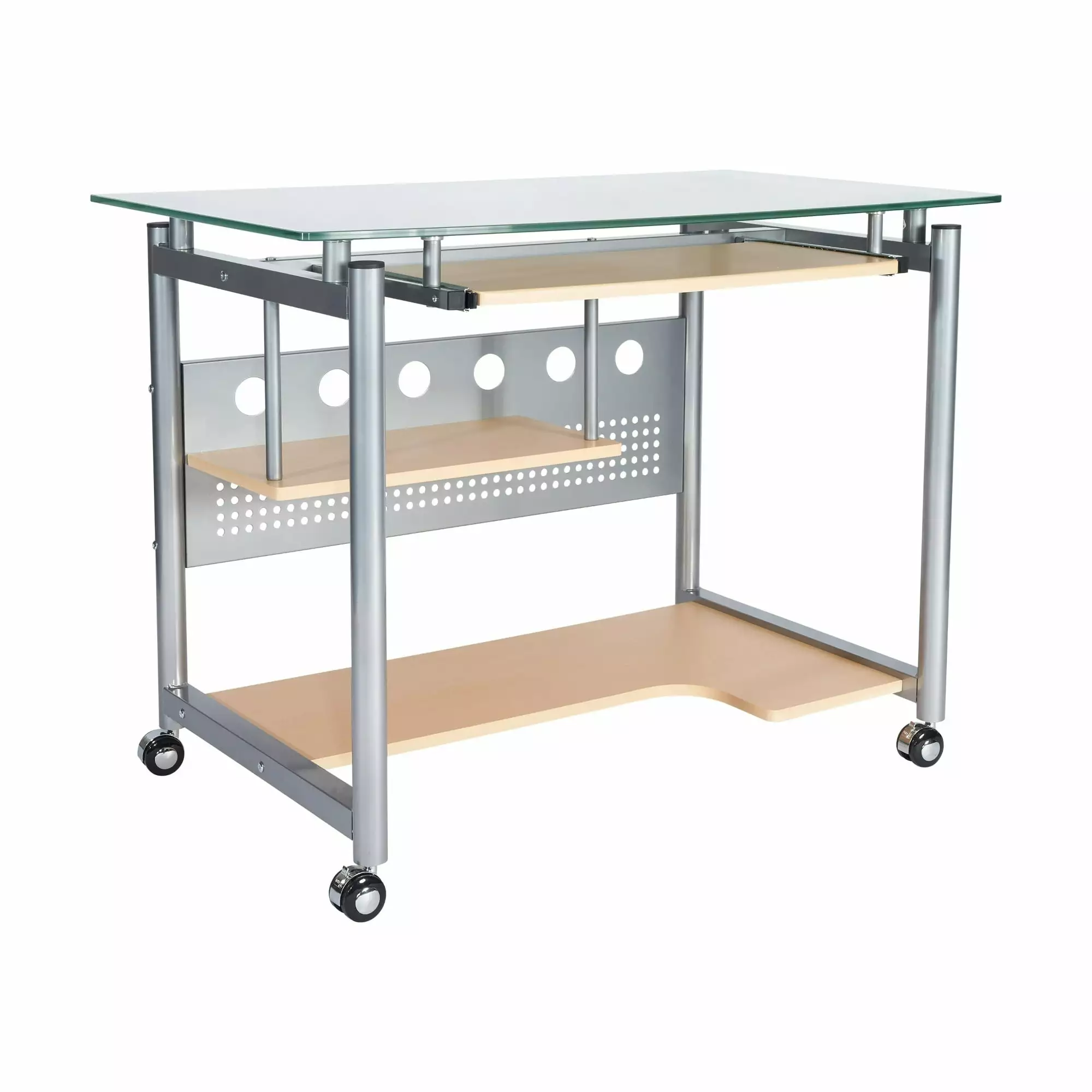 Techni Office Solutions Rolling Computer Desk Glass Top Beige and Silver Techni Mobili