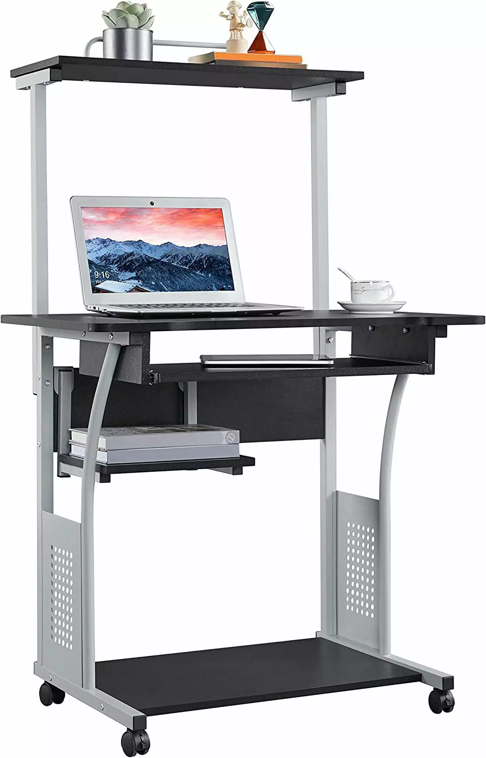 2 Tier Rolling Home Office Computer Desk Keyboard Tray Printer Shelf Stand Study Table Corner Desk Black Tongou