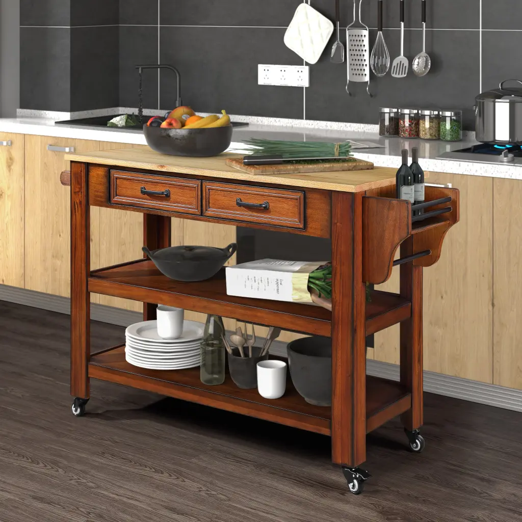 57 Inch Rolling Kitchen Island Storage, Kitchen Cart Solid Oak Top power growth furniture