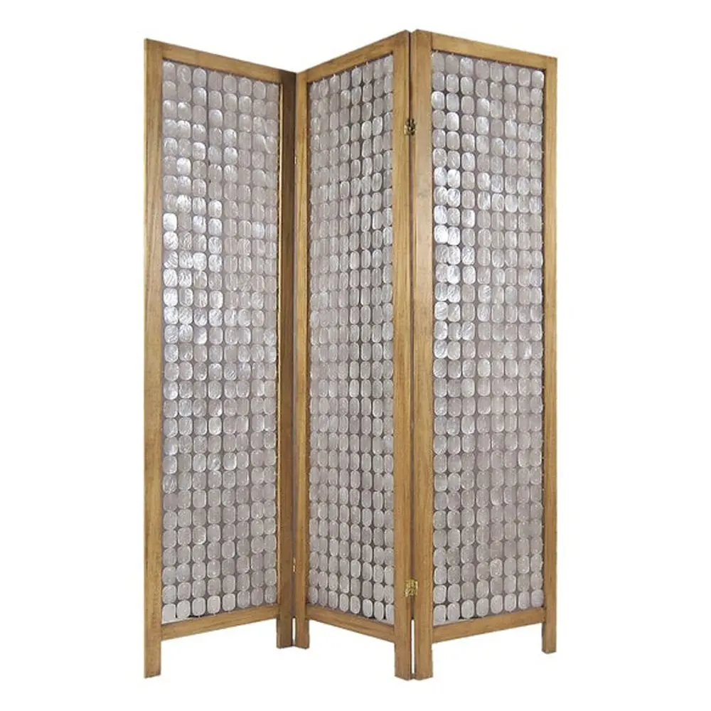 3 Panel Wooden Screen Pearl Motif Accent Brown And Silver Oak royal hampton