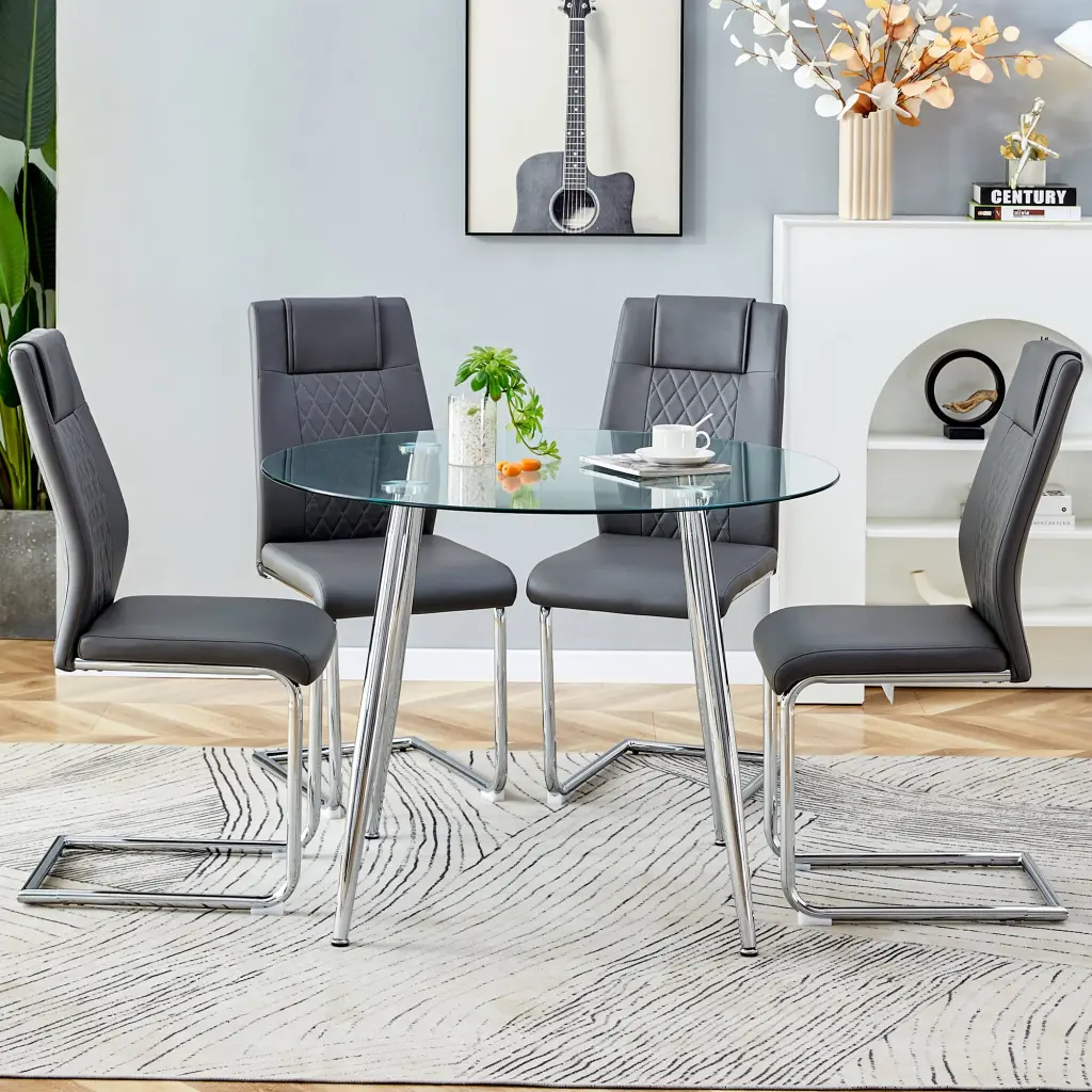 Round Dining Table 4 Gray Chairs Modern Table and Chair Set droom w-1151