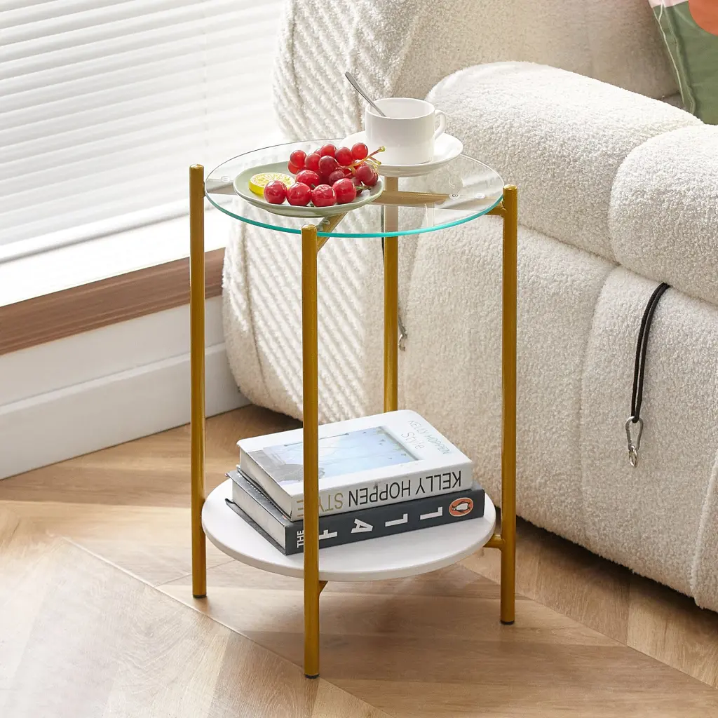 2 Layer Round Coffee Table Tempered Glass and Marble Tabletop End Table jws-w241