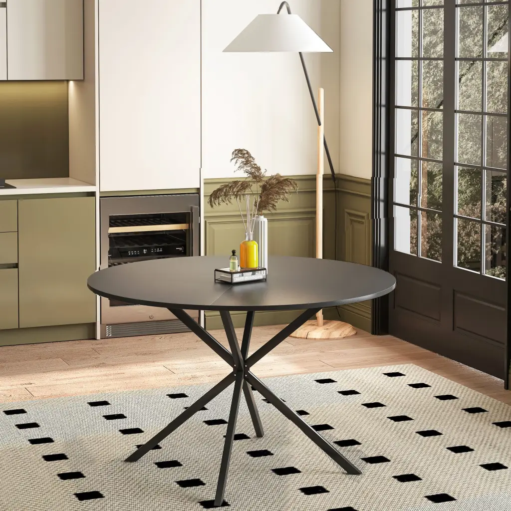 47.24 Inch Modern Cross Leg Round Dining Table, Black Top Occasional Table rnb
