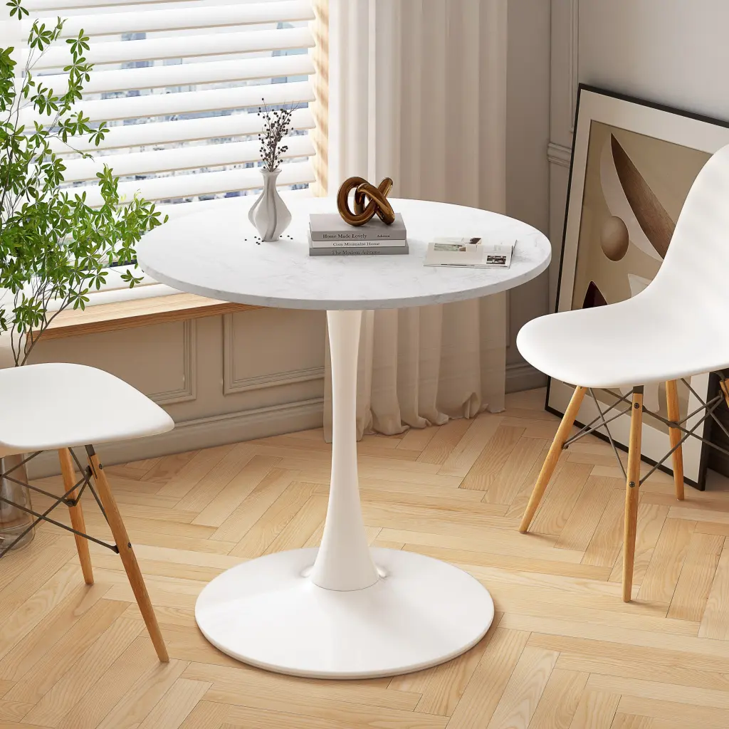 32 Inch Modern Round Dining Table White Marble Top Metal Base spribung