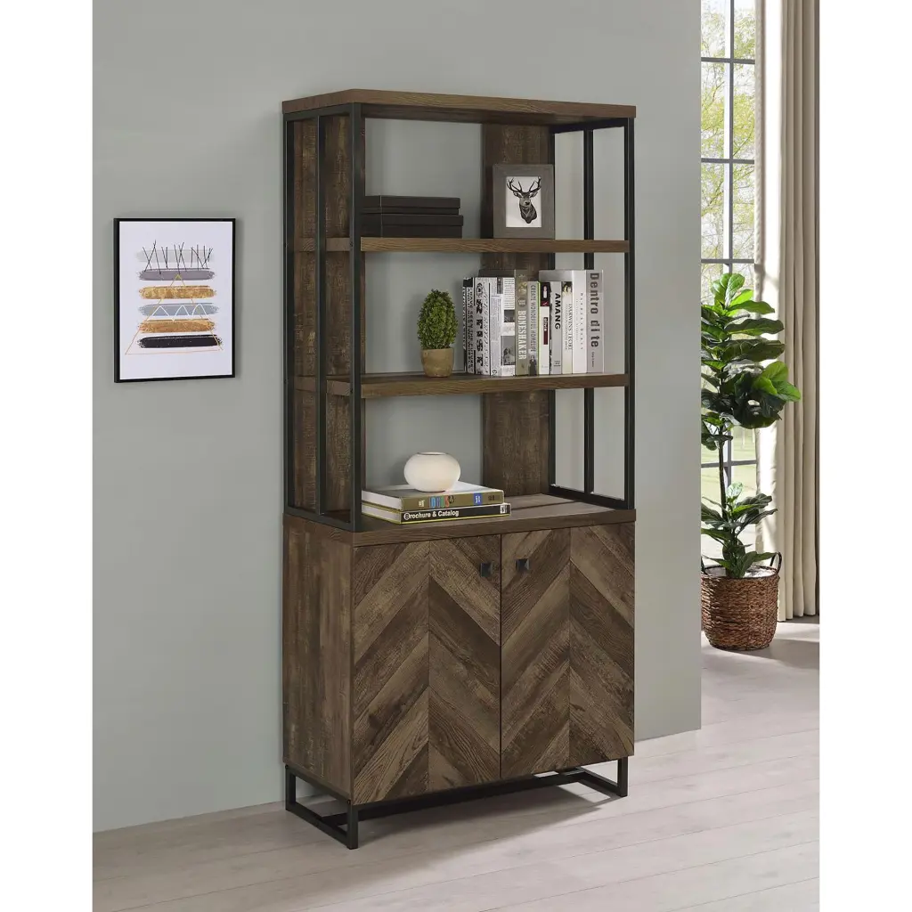 Rustic Oak Herringbone 2 Door Bookcase 3 Shelf Brown Horizontal Storage furniture max