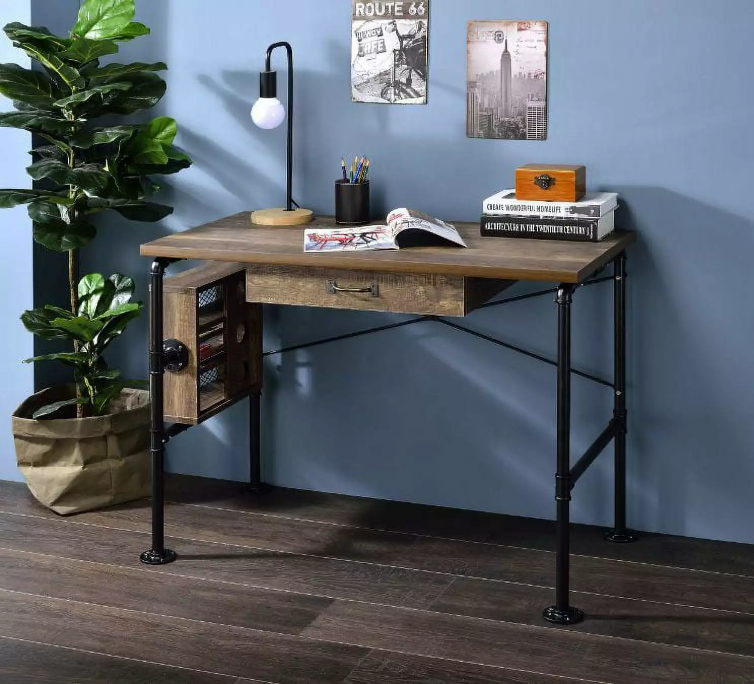 GeeHome Endang Writing Desk Weathered Oak and Black Finish