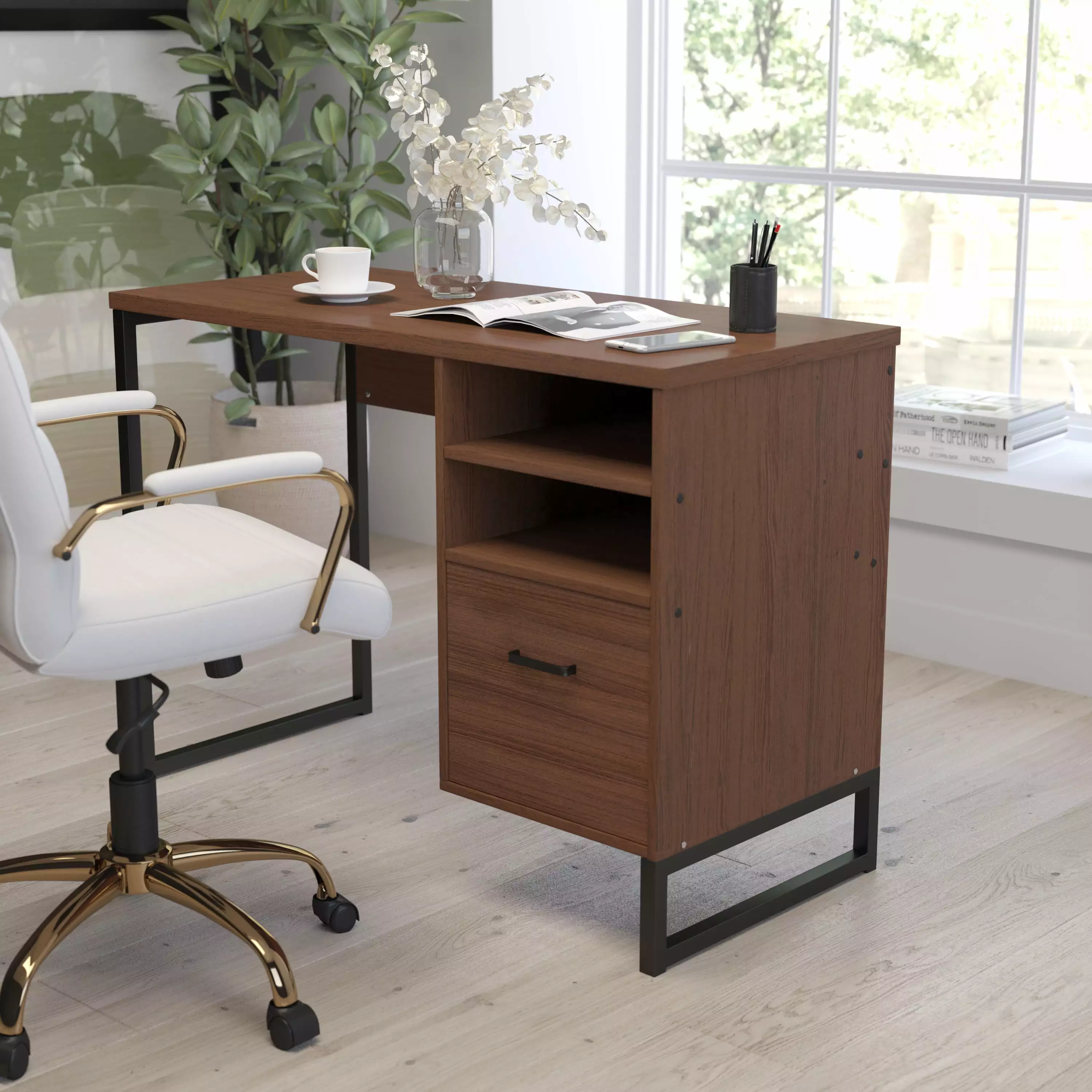 Merrick Lane Rustic Computer Desk Shelving and Storage Drawer Metal Frame Pedestal Base Home Office Desk