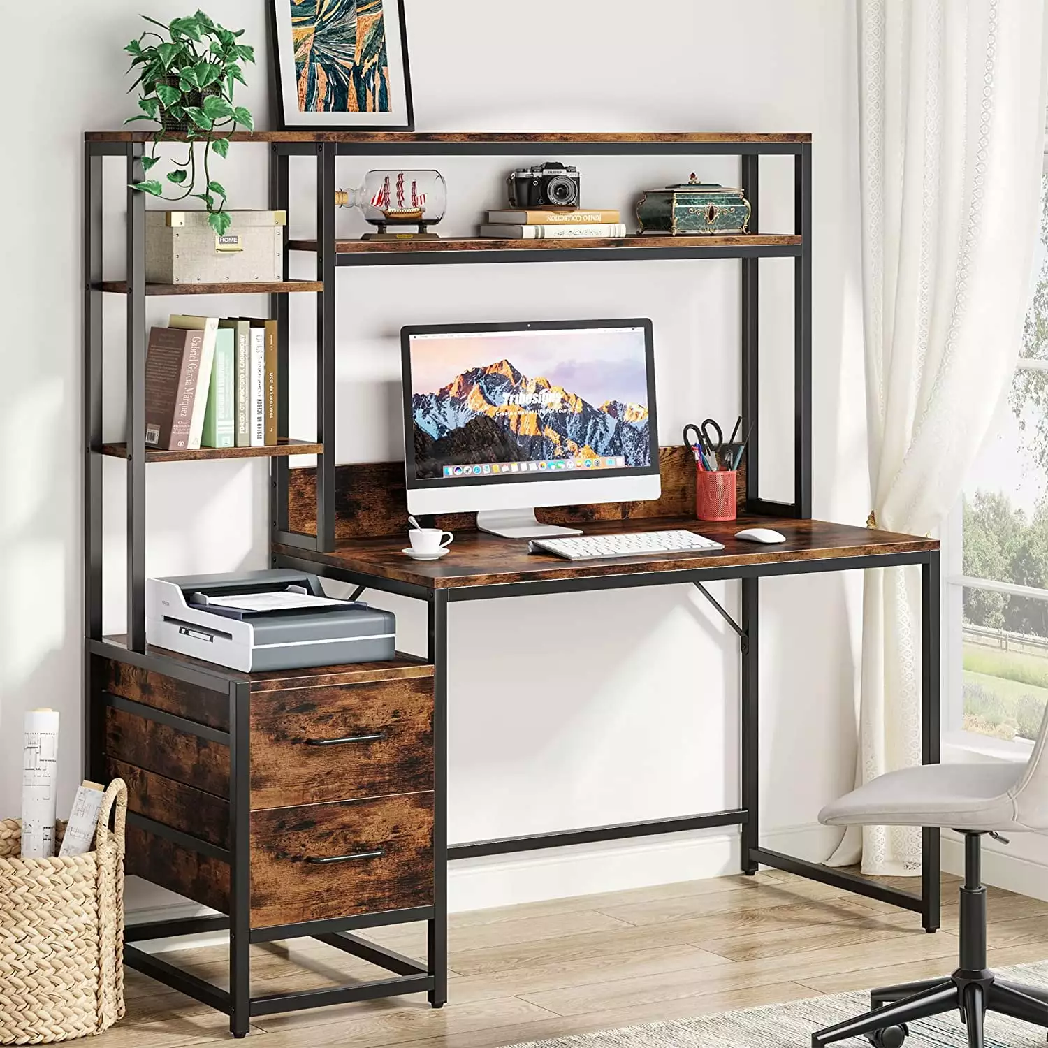55 Inch Rustic Brown Computer Desk Hutch and 2 Drawers Tongou