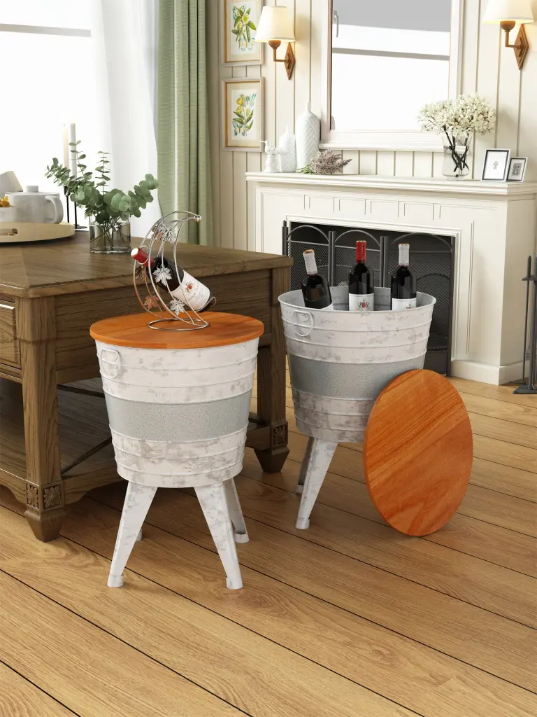 Farmhouse Rustic Distressed Metal Accent Cocktail Table Wood Top d-n furniture