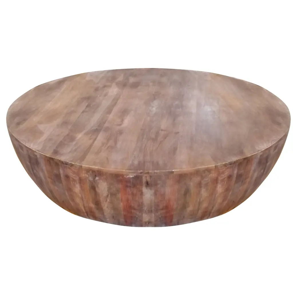 Handcarved Drum Influence Round Top Mango Wood Coffee Table Distressed Finish royal hampton