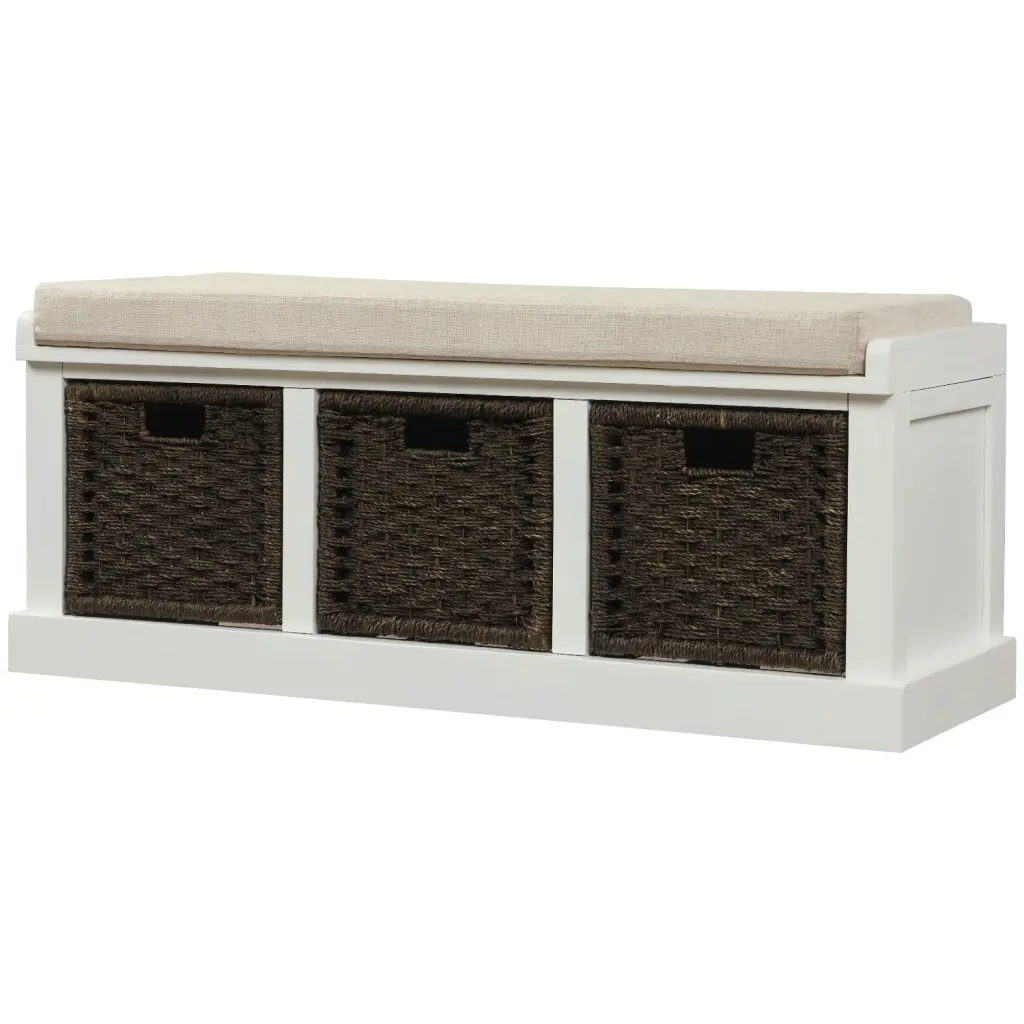 Rustic Storage Bench 3 Removable Rattan Bins Entryway Furniture trexm