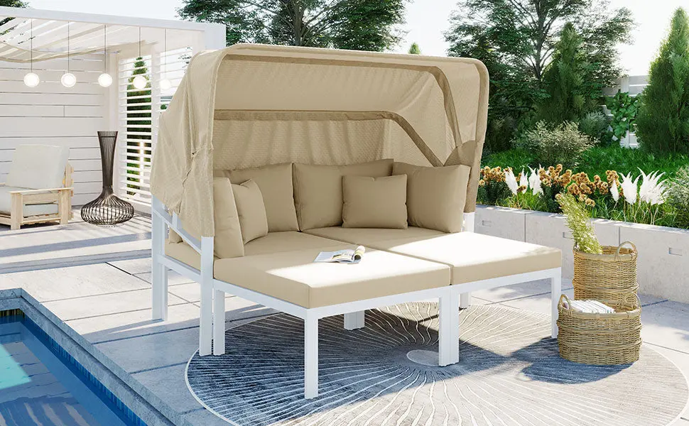 3 Piece Patio Daybed Retractable Canopy Outdoor Metal Sectional rnb
