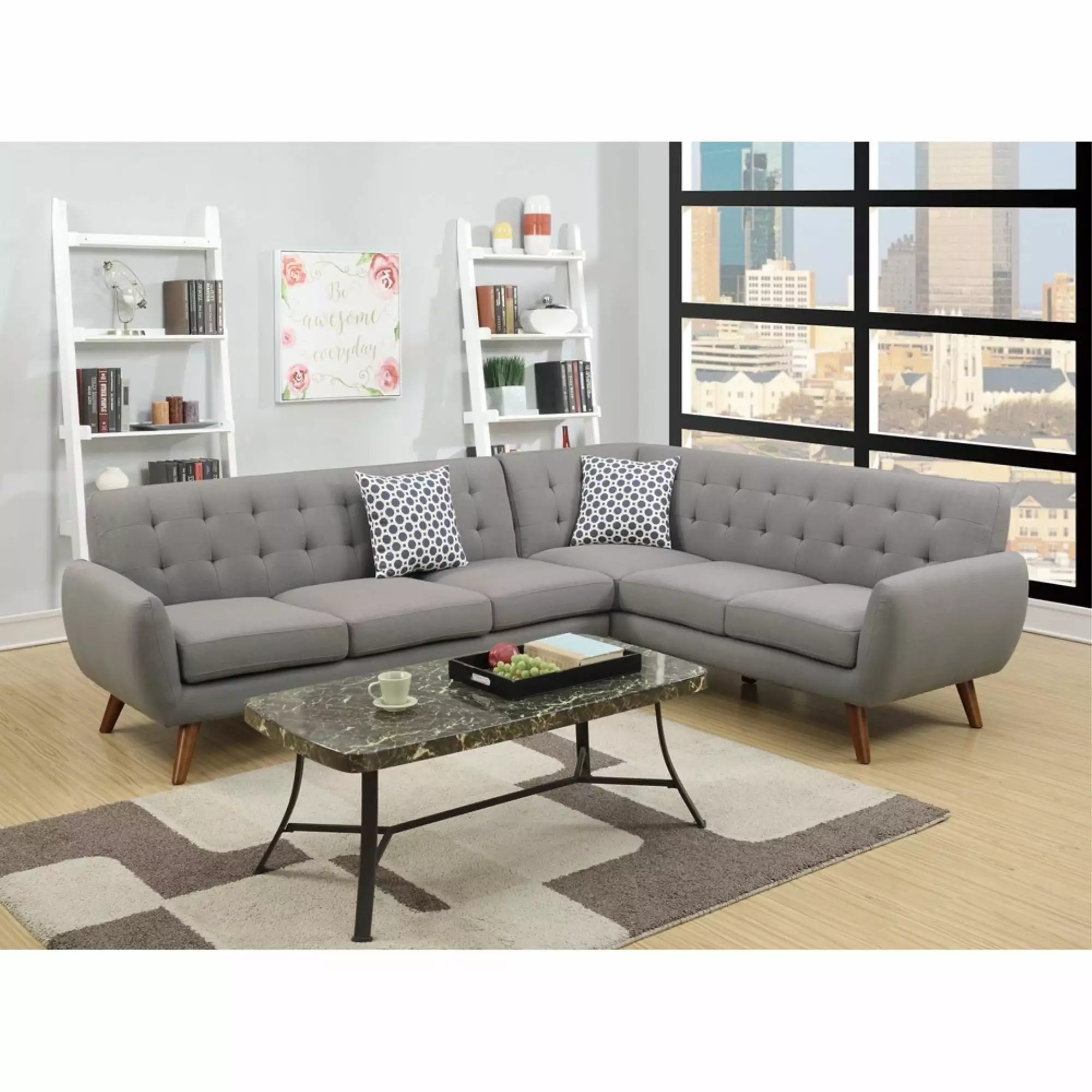 Polyfiber 2 Piece Sectional Sofa Tufted Back and Cushion Gray Benzara