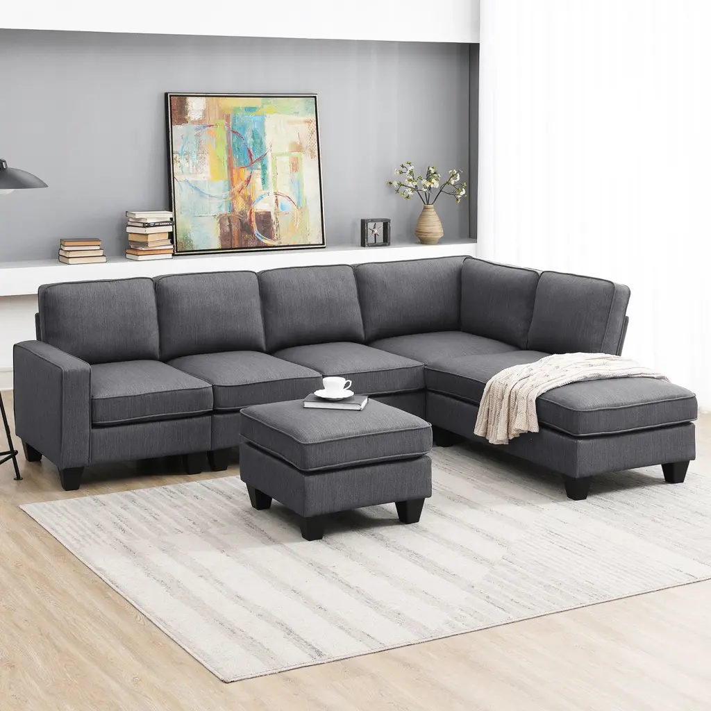 Modern L Shaped Sectional Sofa 7 Seat Linen Fabric Couch gt