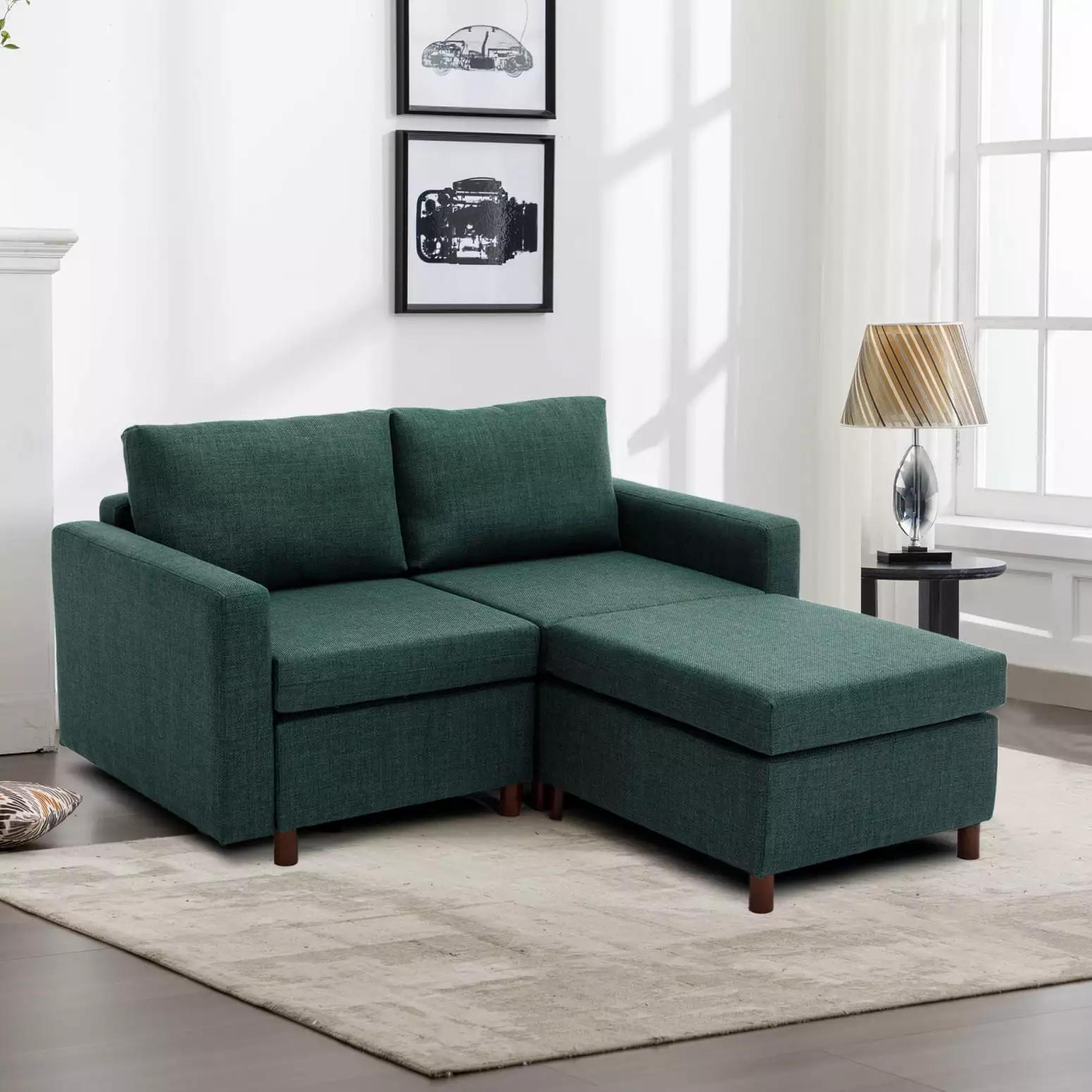 Elegant Green 2-Seat Linen Sectional Sofa Ottoman Soft Foam Filling and Durable Rubberwood Frame Cozy Spaces HATNOKIL